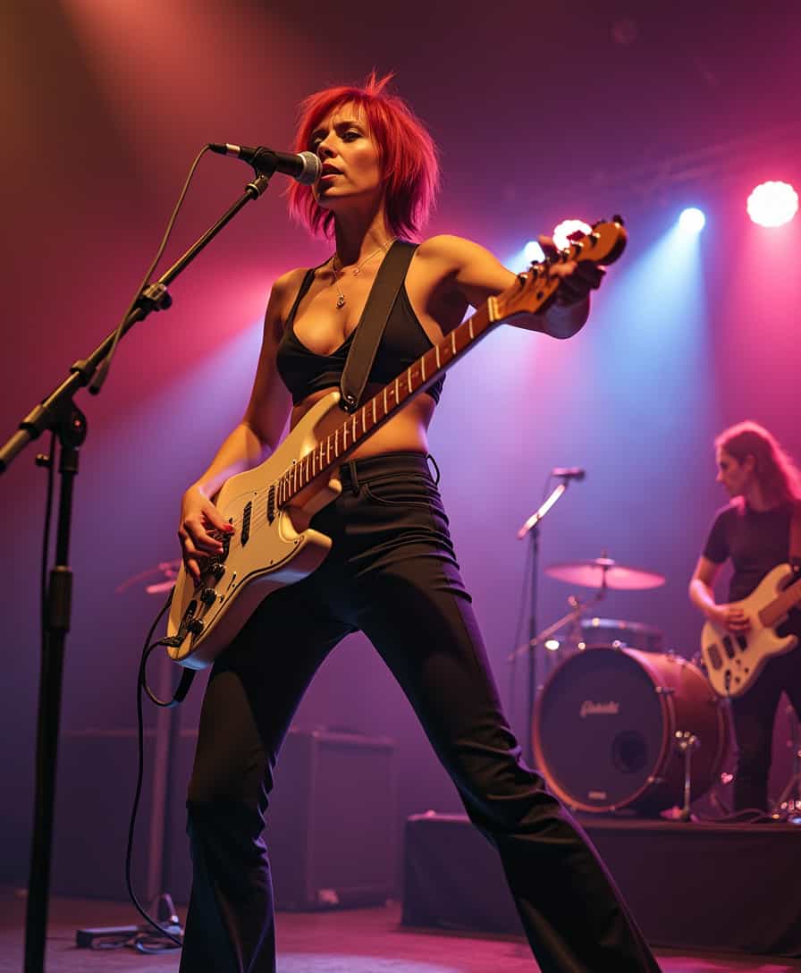 A photorealistic image of a nude 40-year-old woman with short red messy hair, performing a high-energy rock song on a large stage. She grips a classic microphone, her stance dynamic and fierce. In the background, a full band with electric guitars, a drum set, and a keyboard is illuminated by strobe lights and vibrant flashes, adding to the electric energy.  
