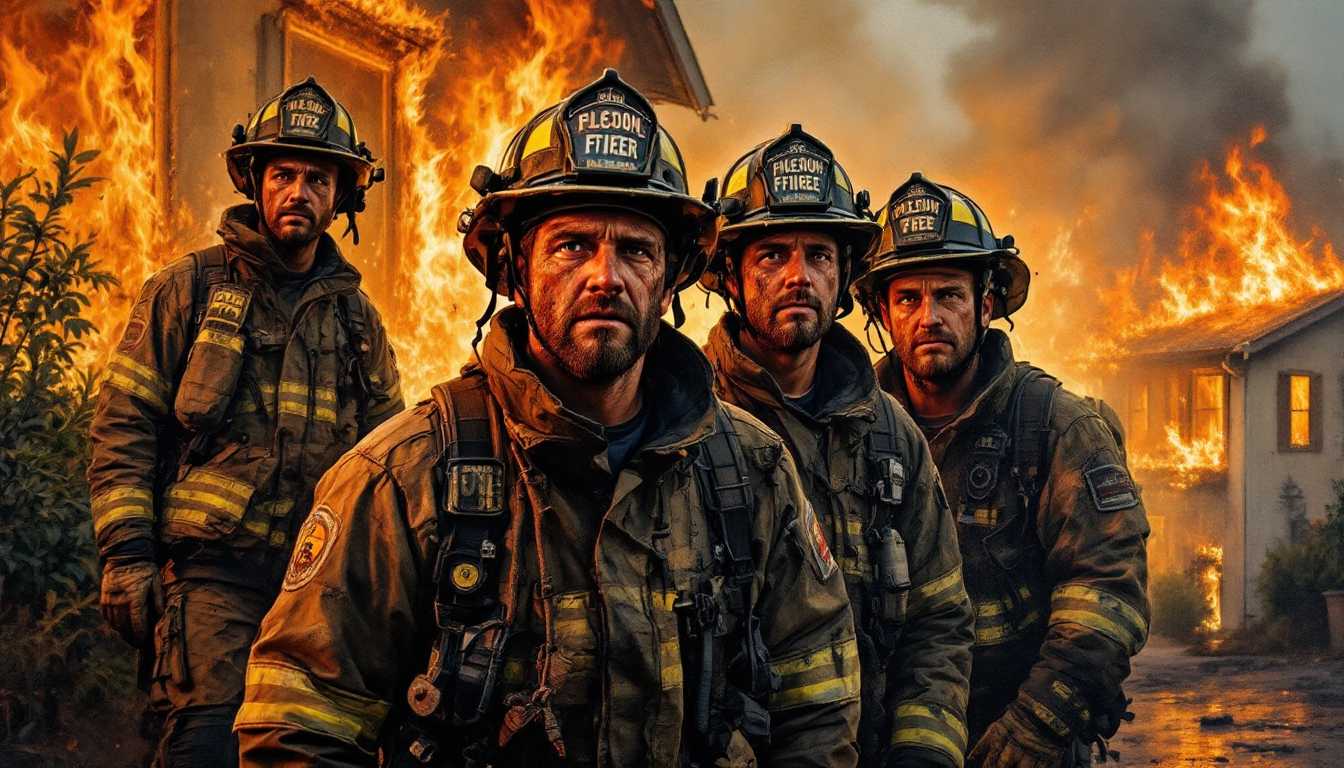hyperrealism alcohol oil paints illustration. four firefighters covered in soot, looking exhausted, wearing full gear, looking directly at the viewer. southern California houses in Altadena engulfed in flames bg. 