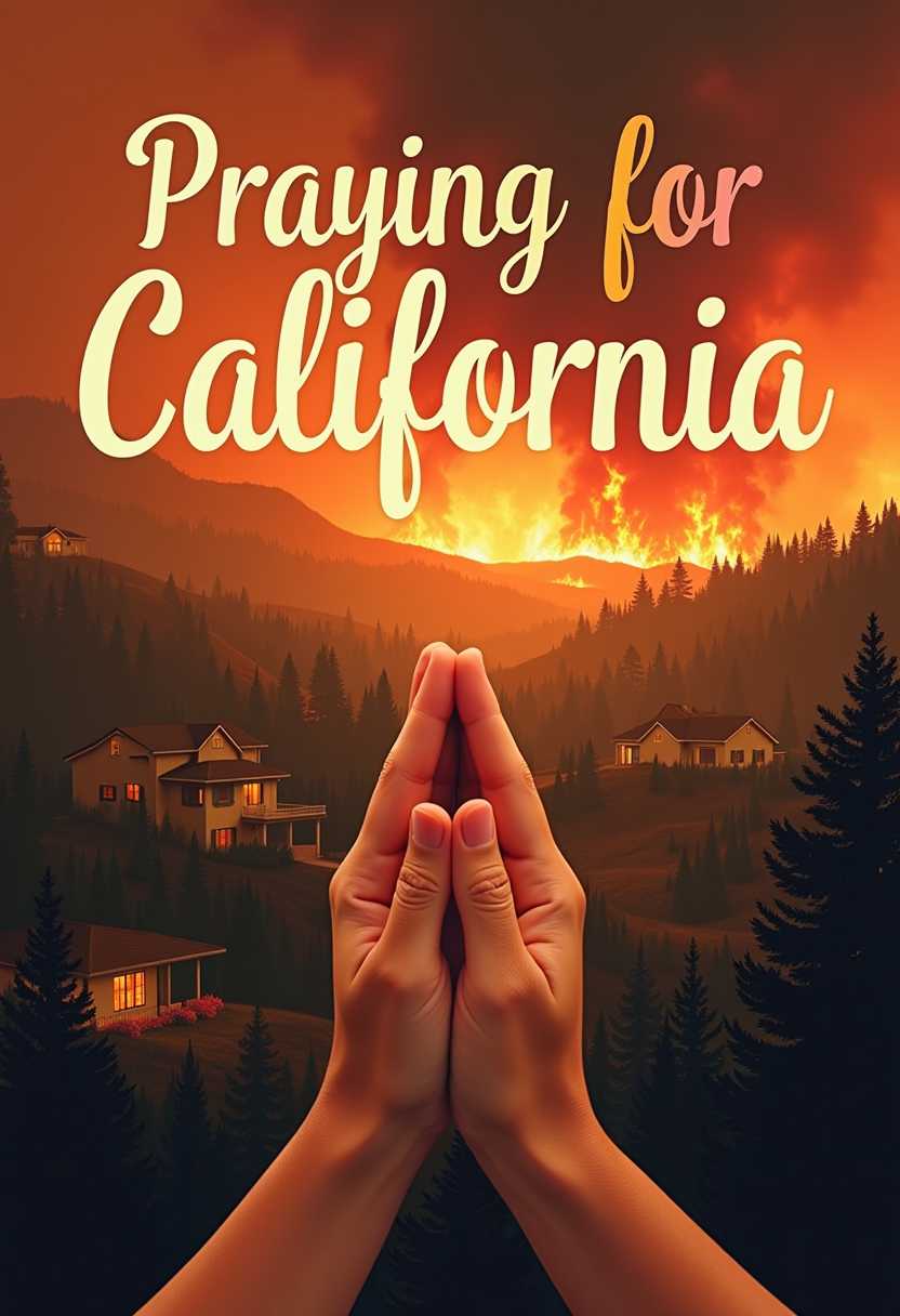 2 hands praying clasped,  in background a fire in California. houses burning, wild fire raging. across the top the words "Praying for California" title in 3d 