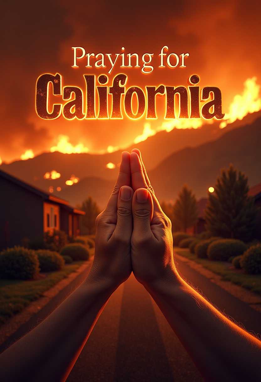 2 hands praying clasped, thumbs facing viewer. in background a fire in California. houses burning, wild fire raging. across the top the words "Praying for California" title in 3d raised text on fire