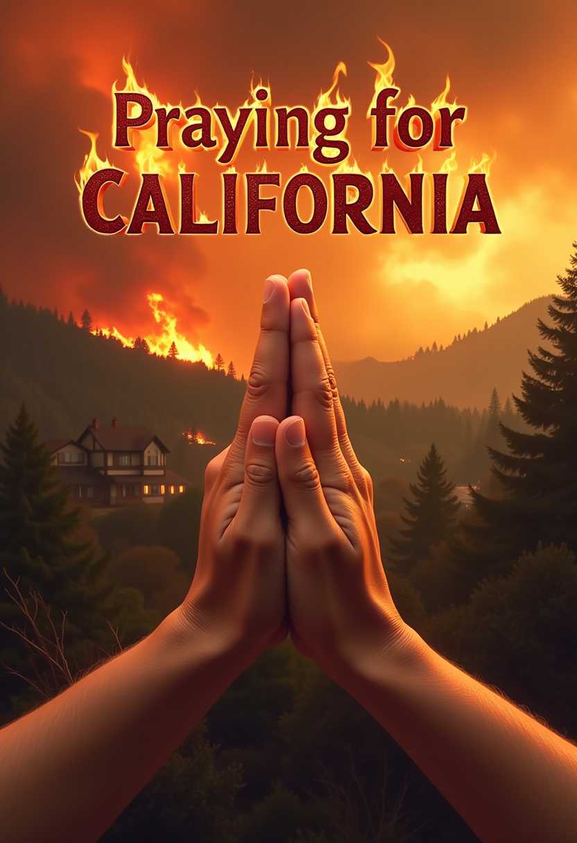 2 hands praying clasped, thumbs facing viewer. in background a fire in California. houses burning, wild fire raging. across the top the words "Praying for California" title in 3d raised text on fire