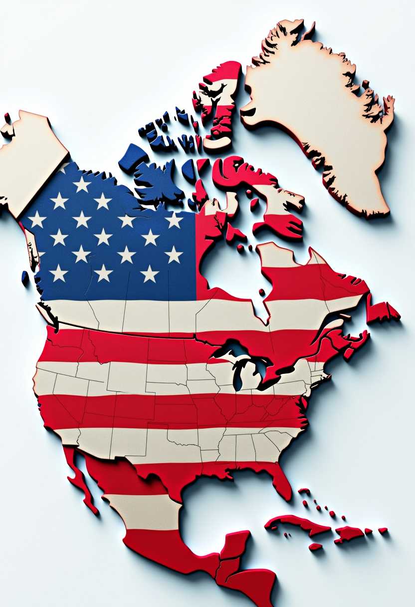 Create a unified Canada and United States map as one country, US Flag. 3d