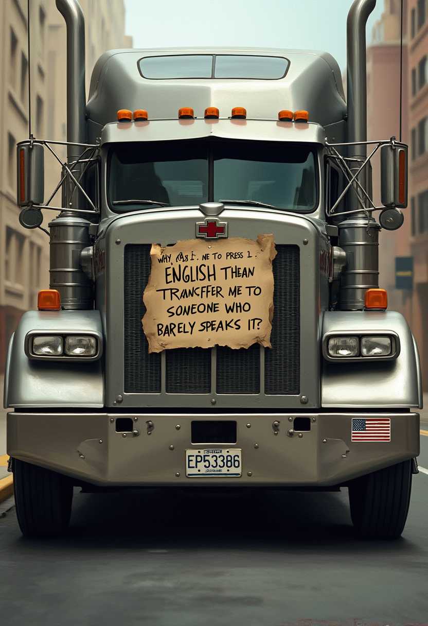 This image is a closeup view of the front of a large, silver semitruck. The truck is parked on a street with buildings on either side, and the perspective is taken from directly in front of the vehicle, looking up towards the cab. The truck has a prominent grille with a large, rectangular opening, and the grille is adorned with rivets and bolts, giving it a rugged and industrial appearance. The trucks headlights are prominent on either side of the grille, and they have a classic design with a clear lens and reflector. Above the headlights, there are four orange warning lights, which are likely for visibility during lowlight conditions.On the grille, there is a handwritten sign that reads, "WHY ASK ME TO PRESS 1 FOR ENGLISH, THEN TRANSFER ME TO SOMEONE WHO BARELY SPEAKS IT?" The sign is attached to the grille with duct tape and is written in black marker, which stands out against the silver background of the truck.The license plate of the truck is visible at the bottom of the image, and it reads EP55386. On the lower right corner of the license plate, there is a small American flag sticker, which adds a patriotic touch to the vehicle.The art style of the image is realistic with a touch of humor, as indicated by the handwritten sign on the truck. The medium appears to be a digital painting or illustration, given the smooth gradients and lack of texture. The colors in the image are primarily metallic grays and silvers, with the orange warning lights and the red, white, and blue of the American flag sticker providing pops of color. The overall mood of the image is one of frustration humorously conveyed through the sign on the truck.