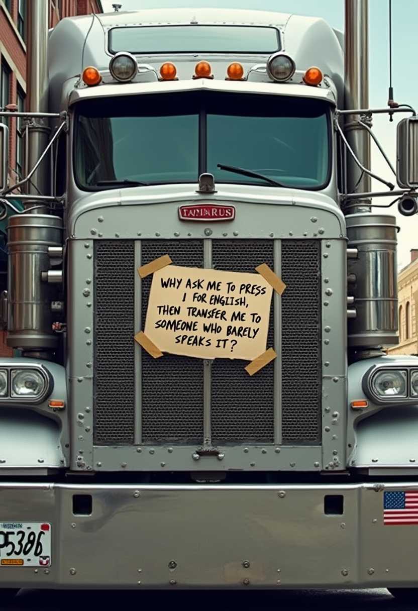 This image is a closeup view of the front of a large, silver semitruck. The truck is parked on a street with buildings on either side, and the perspective is taken from directly in front of the vehicle, looking up towards the cab. The truck has a prominent grille with a large, rectangular opening, and the grille is adorned with rivets and bolts, giving it a rugged and industrial appearance. The trucks headlights are prominent on either side of the grille, and they have a classic design with a clear lens and reflector. Above the headlights, there are four orange warning lights, which are likely for visibility during lowlight conditions.On the grille, there is a handwritten sign that reads, "WHY ASK ME TO PRESS 1 FOR ENGLISH, THEN TRANSFER ME TO SOMEONE WHO BARELY SPEAKS IT?" The sign is attached to the grille with duct tape and is written in black marker, which stands out against the silver background of the truck.The license plate of the truck is visible at the bottom of the image, and it reads EP55386. On the lower right corner of the license plate, there is a small American flag sticker, which adds a patriotic touch to the vehicle.The art style of the image is realistic with a touch of humor, as indicated by the handwritten sign on the truck. The medium appears to be a digital painting or illustration, given the smooth gradients and lack of texture. The colors in the image are primarily metallic grays and silvers, with the orange warning lights and the red, white, and blue of the American flag sticker providing pops of color. The overall mood of the image is one of frustration humorously conveyed through the sign on the truck.
