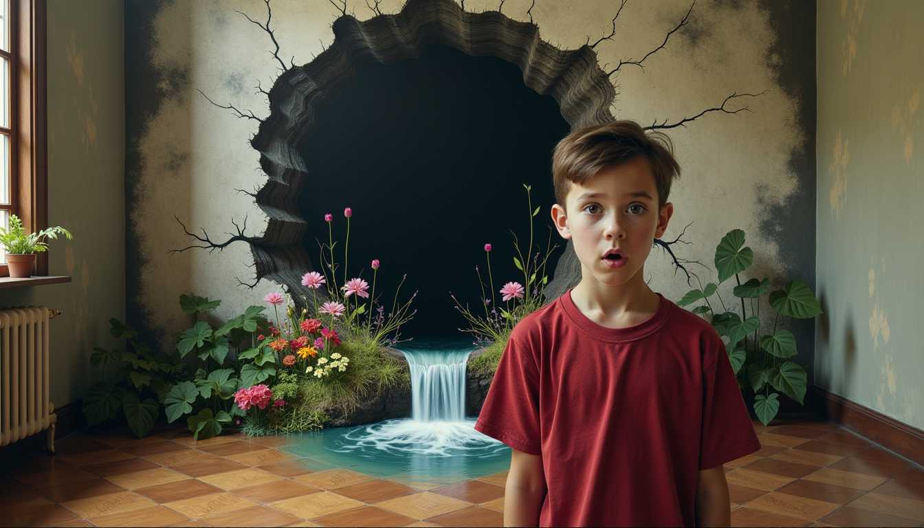 Prompt: Amazed tenager looks into the camera. Behind him is a painting on the wall of a room containing a black and white cracked, crumbling wall, a large hole in the middle, and lots of colorful vegetation spreading from some other world growing out of it. A stream flows through the hole and spills into the room onto the parquet floor