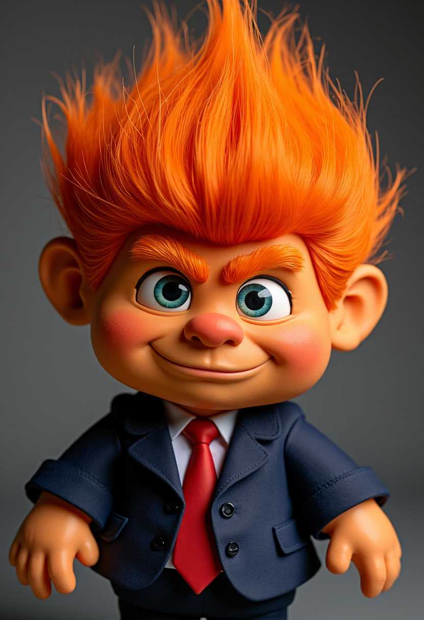 a photo of MAGA, , create an image of donald trump as an orange troll doll, with crazy hair. donalds trumps face, pointed ears, troll features (Troll Doll pointed hair:2.3) pixar