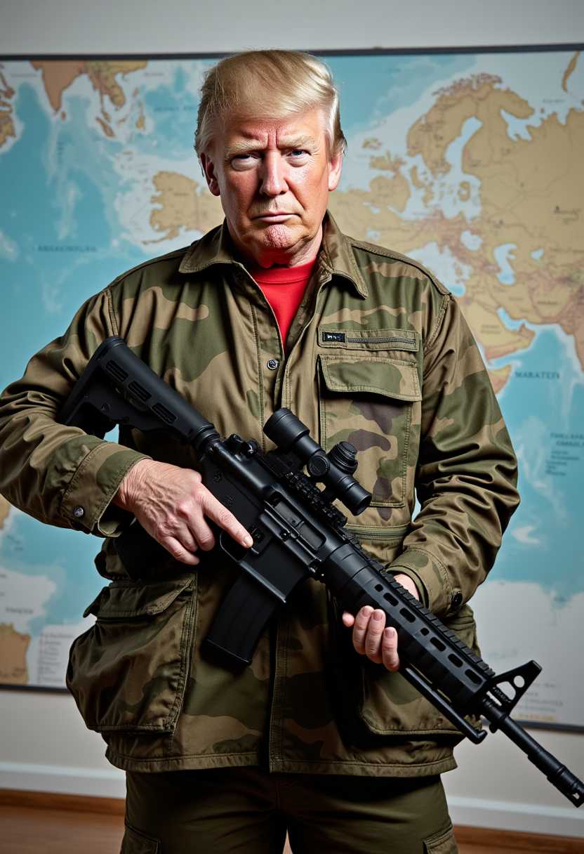 a photo of MAGA, , create an image of MAGA Donald Trump wearing camo, holding a military rifle, looking at viewer, serious, determined. Background is s map of Greenland