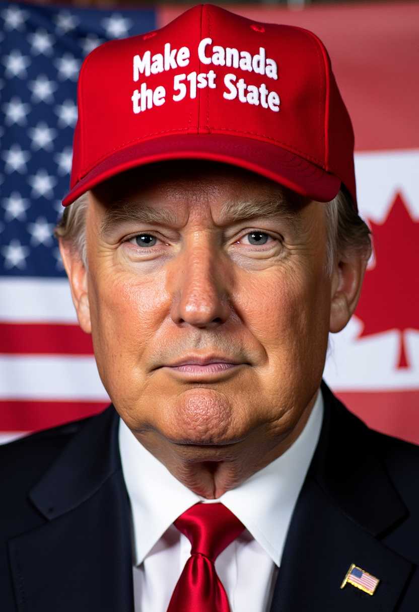 a photo of MAGA, , create an image of MAGA Donald Trump wearing a red baseball cap, with the words "Make Canada the 51st State". Background a (map of Canada:2.3) with USA flag, 3d, bevelled 
