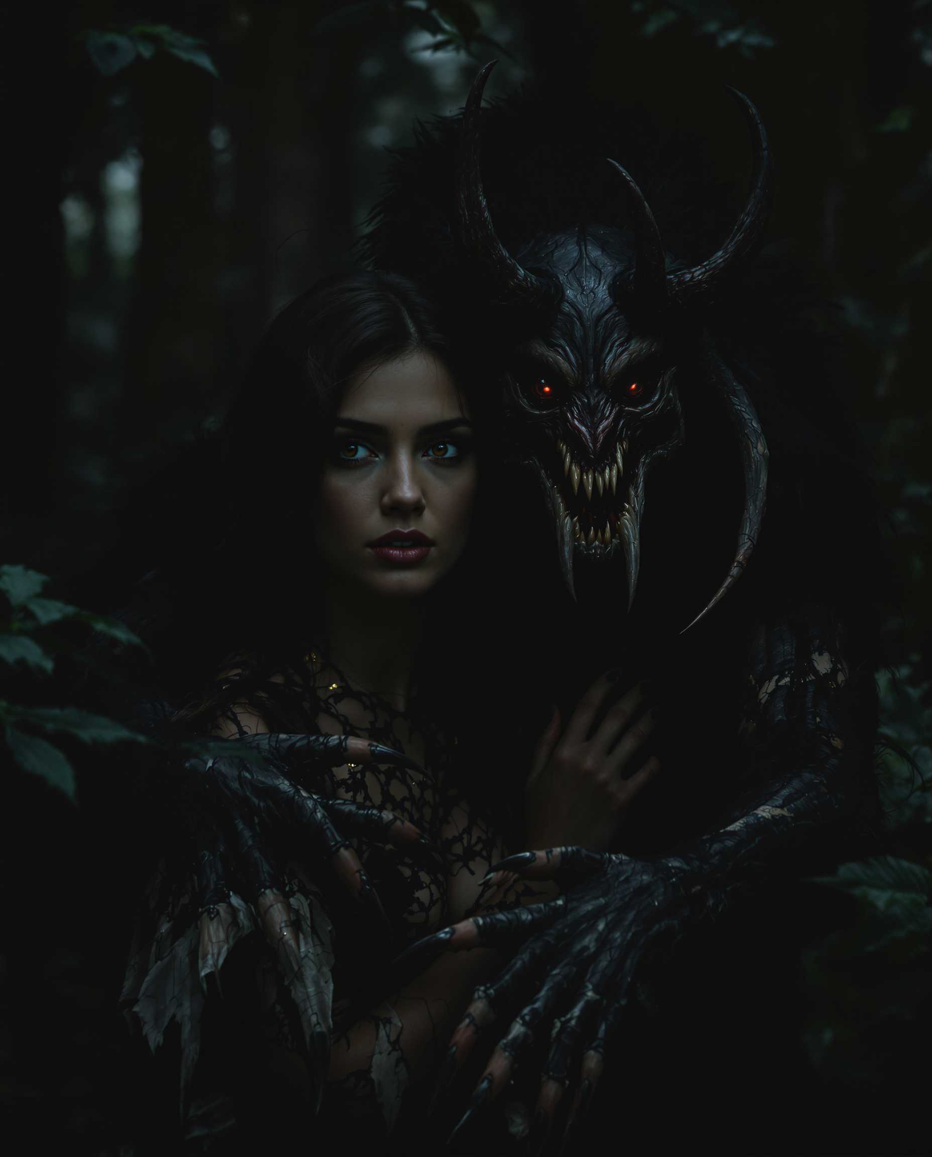 A brunette Woman in the dark forest, being protected and guarded by a female wendigo. The Wendigo means her no harm but looks feral, and the woman feels protected. She is looking towards the viewer