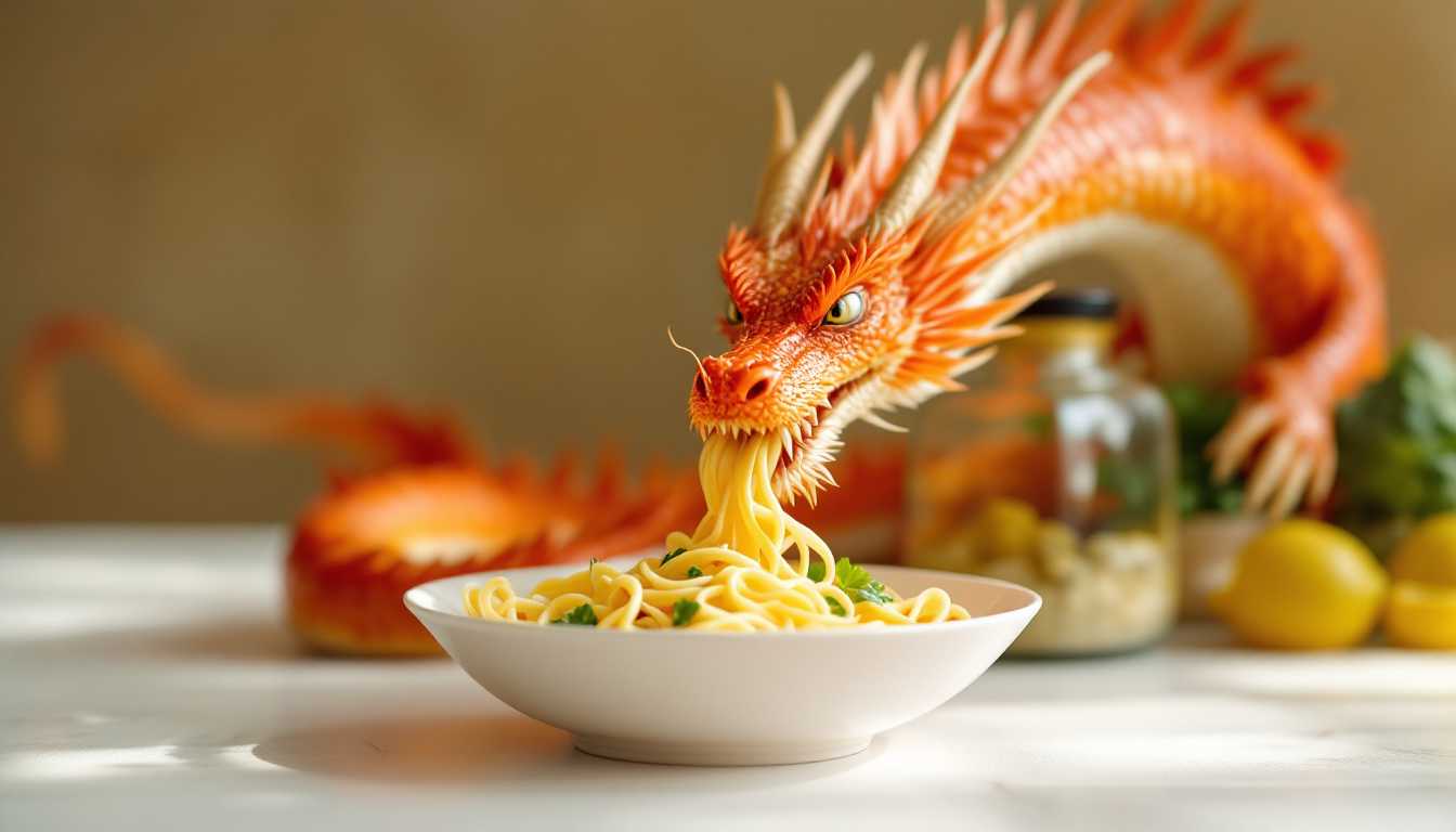 an image of a dragon eating pasta