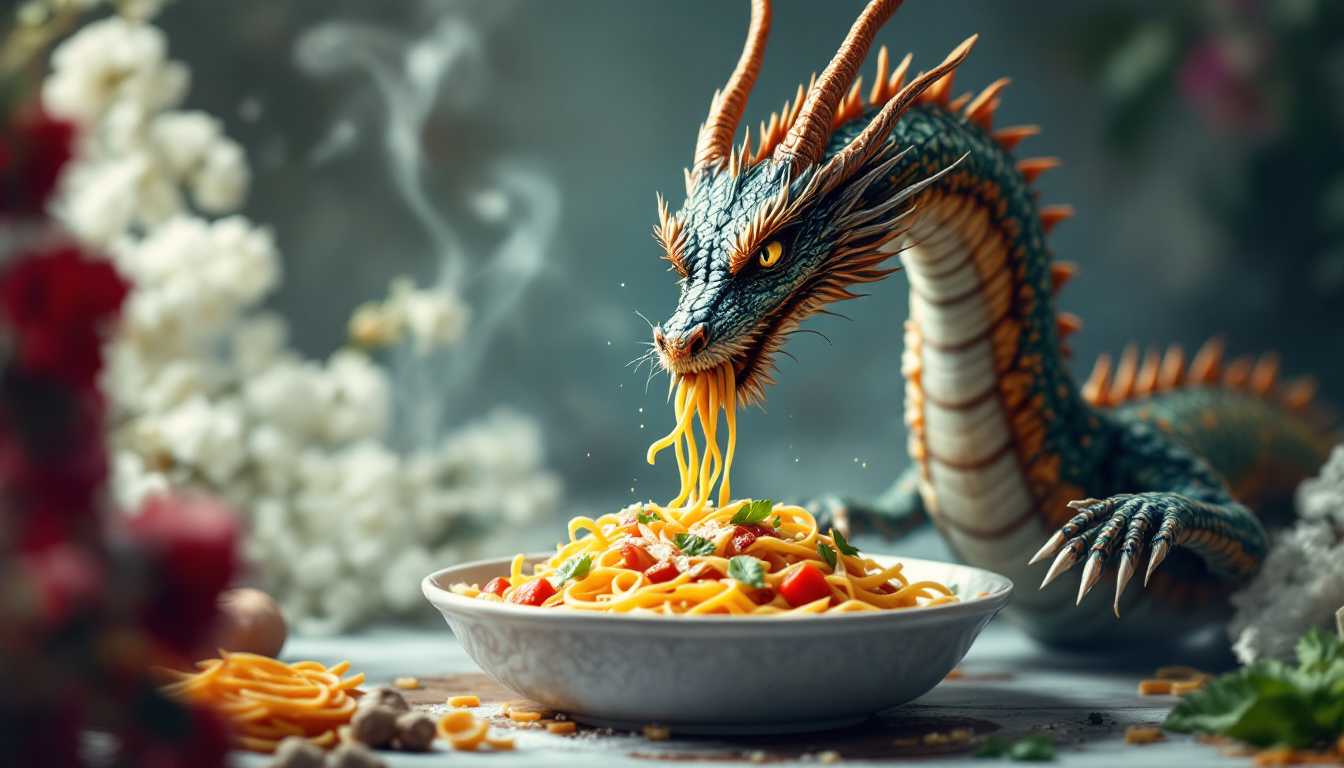 an image of a dragon eating pasta