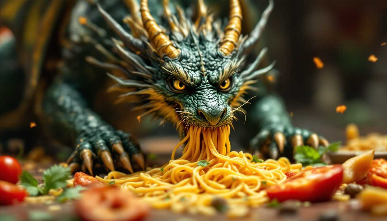 an image of a dragon eating pasta