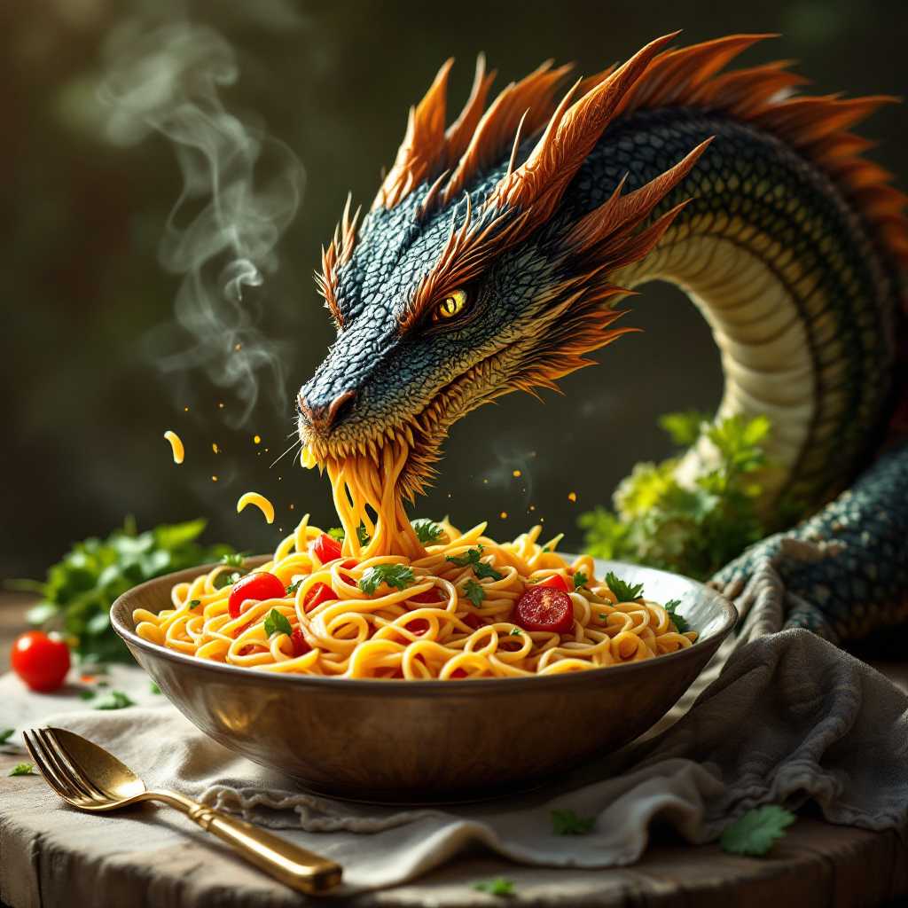 a dragon eating a bowl of pasta