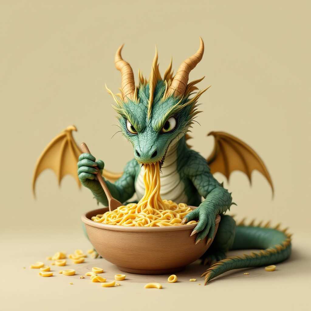a dragon eating a bowl of pasta