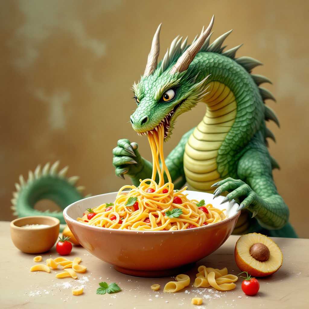 a dragon eating a bowl of pasta