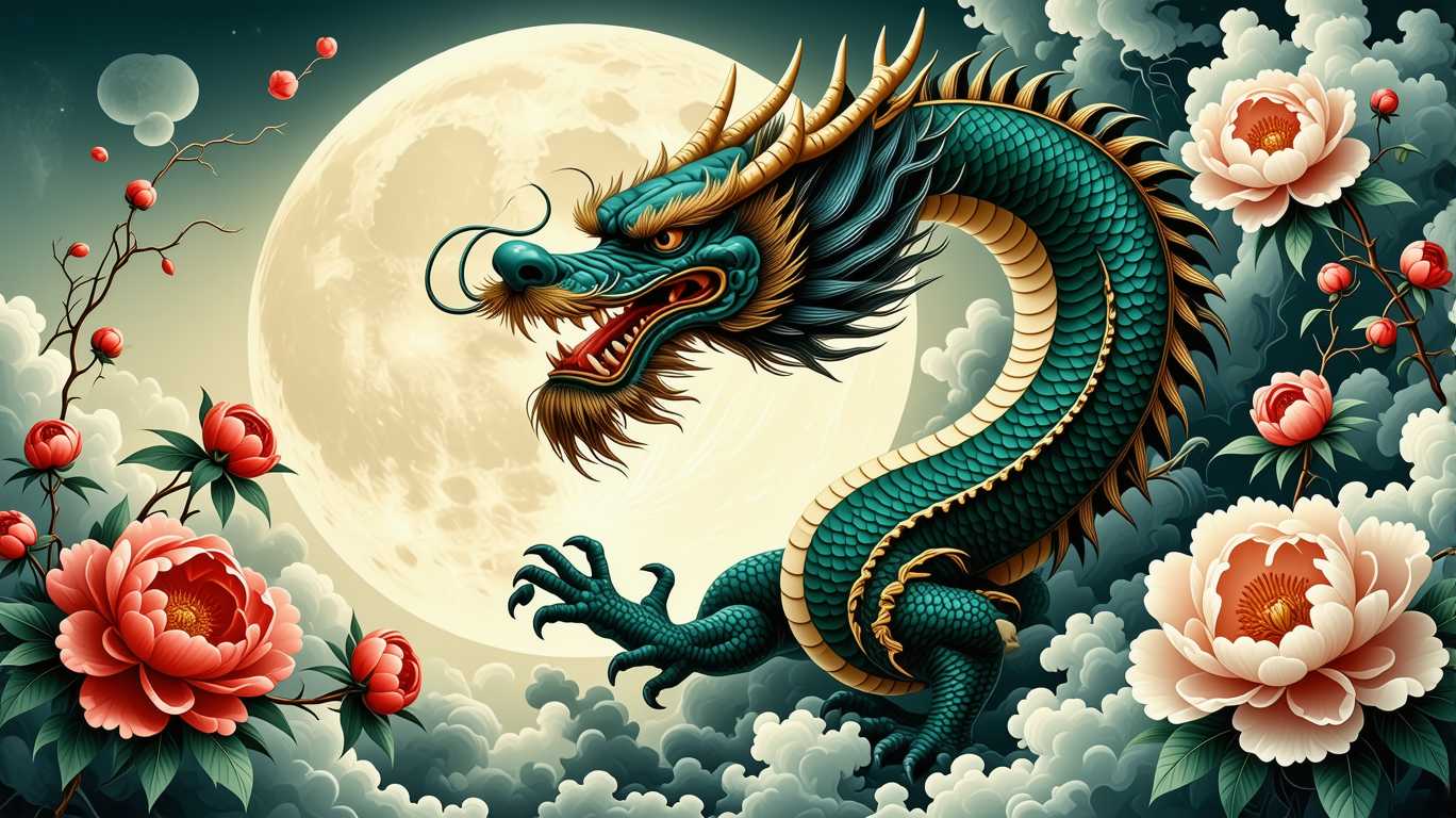 A detailed Japanese dragon, rendered in vibrant emerald greens with shimmering gold accents, coiling around a radiant full moon. The moon emits a soft, ethereal glow that illuminates the dragon's scales, creating a mystical aura. Wisps of translucent mist gently swirl around the scene, enhancing the dreamlike atmosphere. Scattered peonies, with delicate petals and soft gradients, frame the composition, their vibrant reds and pinks contrasting with the dragon's cool tones. The image should evoke a sense of divine strength and mysticism, with:

- **Style:** Traditional Japanese art style, with influences from ukiyo-e prints, featuring sharp, dynamic lines and bold colors.
- **Composition:** The dragon forms a dynamic spiral around the moon, with its head at the top, looking down as if guarding it. Peonies are strategically placed to balance the composition, drawing the viewer's eye through the scene.
- **Lighting:** The moon acts as a key light source, casting a soft, diffused light that highlights the dragon's scales and the peonies' petals, creating a chiaroscuro effect.
- **Mood and Atmosphere:** A serene yet powerful ambiance, with the mist adding depth and a sense of otherworldliness, enhancing the dragon's divine and protective nature.
- **Technical Aspects:** Use of high contrast to emphasize the dragon's scales and the moon's glow, with a focus on texture to make the dragon's skin look both scaly and smooth where appropriate. Depth of field should blur the background peonies slightly, keeping focus on the dragon and the moon.
