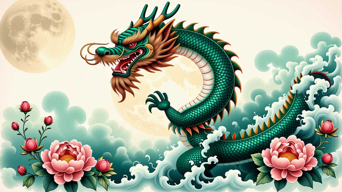 A detailed Japanese dragon coiling around a glowing full moon, with wisps of mist and scattered peonies framing the composition. The tattoo features vibrant emerald greens, gold accents, and soft gradients to convey mysticism and divine strength.