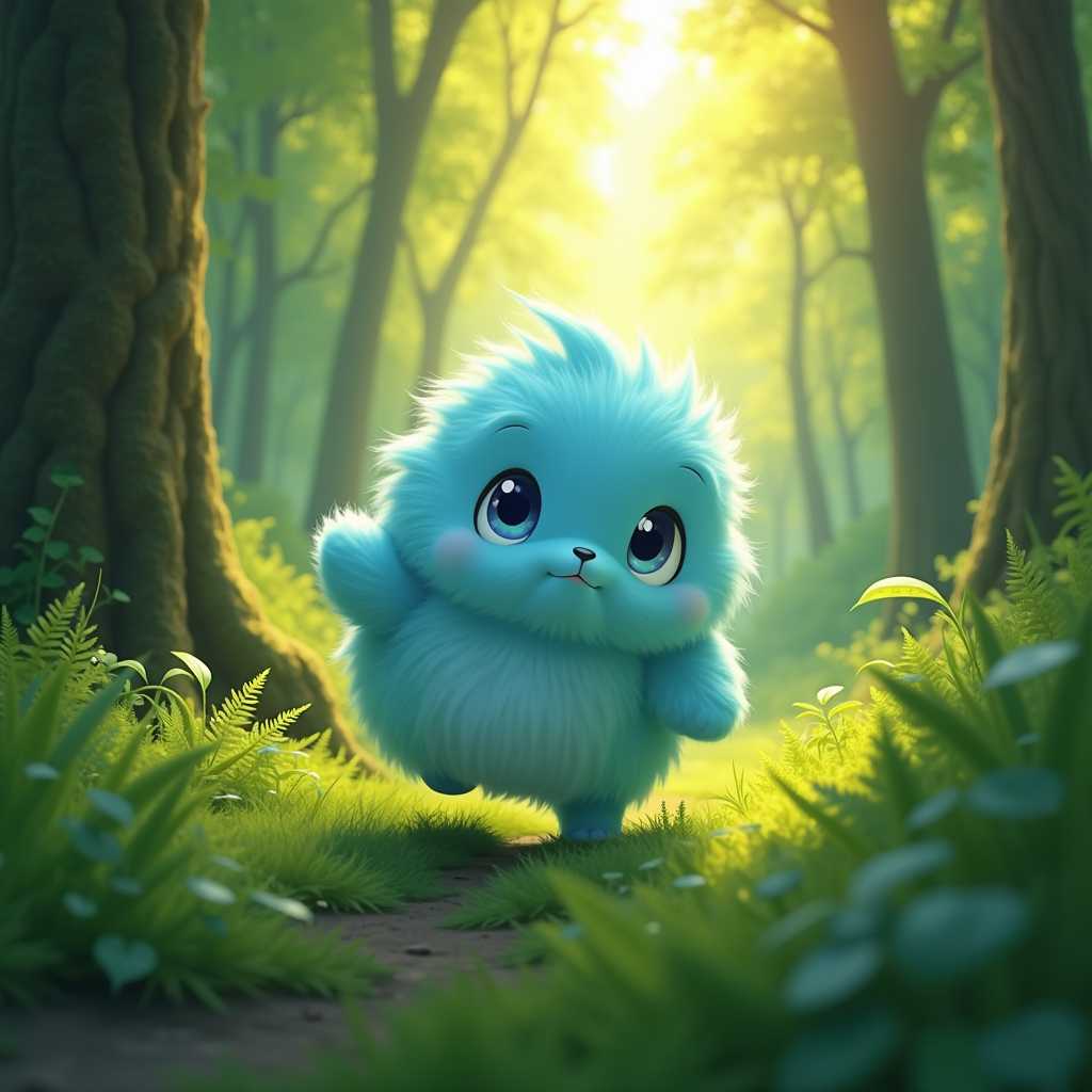 A fluffy, sky-blue creature with a whimsical, almost cloud-like texture roams through a verdant, lush forest. The scene captures the creature in a serene environment:

- **Visual Details**: The creature's fur is soft and voluminous, with a slight iridescence that catches the dappled sunlight filtering through the dense canopy. Its eyes are a deep, curious blue, reflecting the surrounding foliage. The forest is alive with various shades of green, from lime to emerald, with hints of ferns and moss adding depth and texture.

- **Style**: Rendered in a style reminiscent of Studio Ghibli's enchanting and detailed animation, focusing on natural beauty and mystical creatures. The image employs soft, painterly brush strokes, giving a sense of movement and life to both the creature and the forest.

- **Composition**: The camera angle is low, looking up through the underbrush to emphasize the creature's size and the towering trees. The creature is positioned slightly off-center, moving towards the viewer, inviting curiosity. The background gently blurs, focusing attention on the creature and its immediate environment.

- **Mood and Atmosphere**: The scene is set during a golden hour, with sunlight casting long, warm rays through the trees, creating an ethereal glow around the creature. There's a sense of peace and wonder, with the forest alive with subtle sounds and movements, contributing to a serene, almost magical atmosphere.

- **Technical Aspects**: The image uses a shallow depth of field to isolate the creature against the forest backdrop. The lighting is soft with lens flare to enhance the mystical feel, and the color palette is vibrant yet harmonious, with a focus on naturalistic hues.

- **Cohesion**: The fluffy blue creature blends seamlessly with its environment, its color echoing the sky seen through the forest canopy, creating a unified, believable scene where fantasy meets nature.