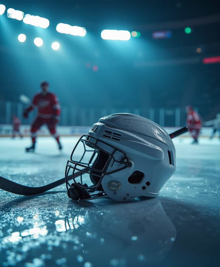 A close-up of a hockey helmet and stick resting on a glossy, icy surface inside a dimly lit hockey arena. The helmet is slightly tilted, with water droplets and melted ice creating a realistic texture. In the background, the silhouettes of hockey players are blurred in motion, adding energy and depth to the scene. The lighting is cinematic, with a mix of cool blue and white stadium lights casting soft reflections across the ice. The atmosphere is intense and moody, with a subtle mist or vapor rising from the ice, emphasizing the cold environment. The overall composition is dynamic, with photorealistic details and a focus on the sport's raw emotion.
