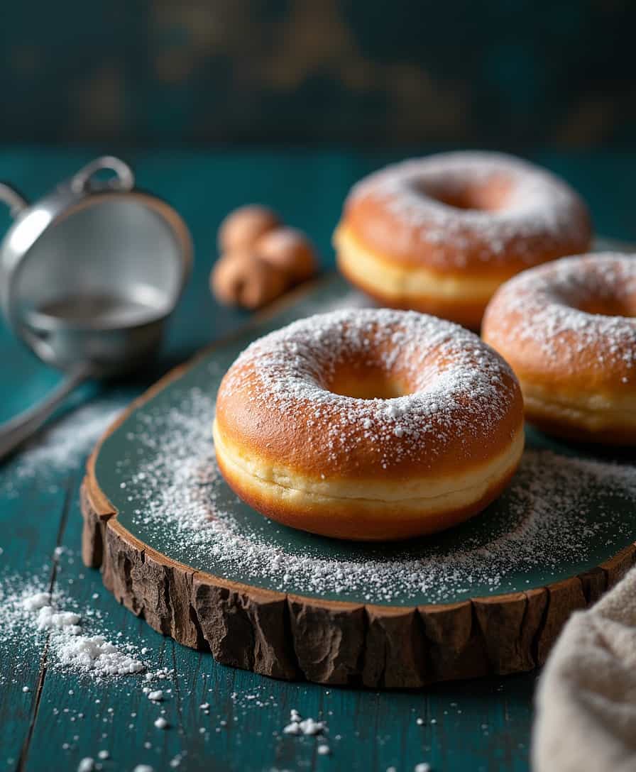 The photo shows three donuts arranged on a wooden board, the board is painted dark green with visible wood grain. The donuts are sprinkled with powdered sugar, and around them there is also powdered sugar. Next to the board lies a metal sieve for sifting the powdered sugar. The background of the photo is dark blue with delicate shades of brown, which adds contrast and emphasizes the appetizing appearance of the donuts.