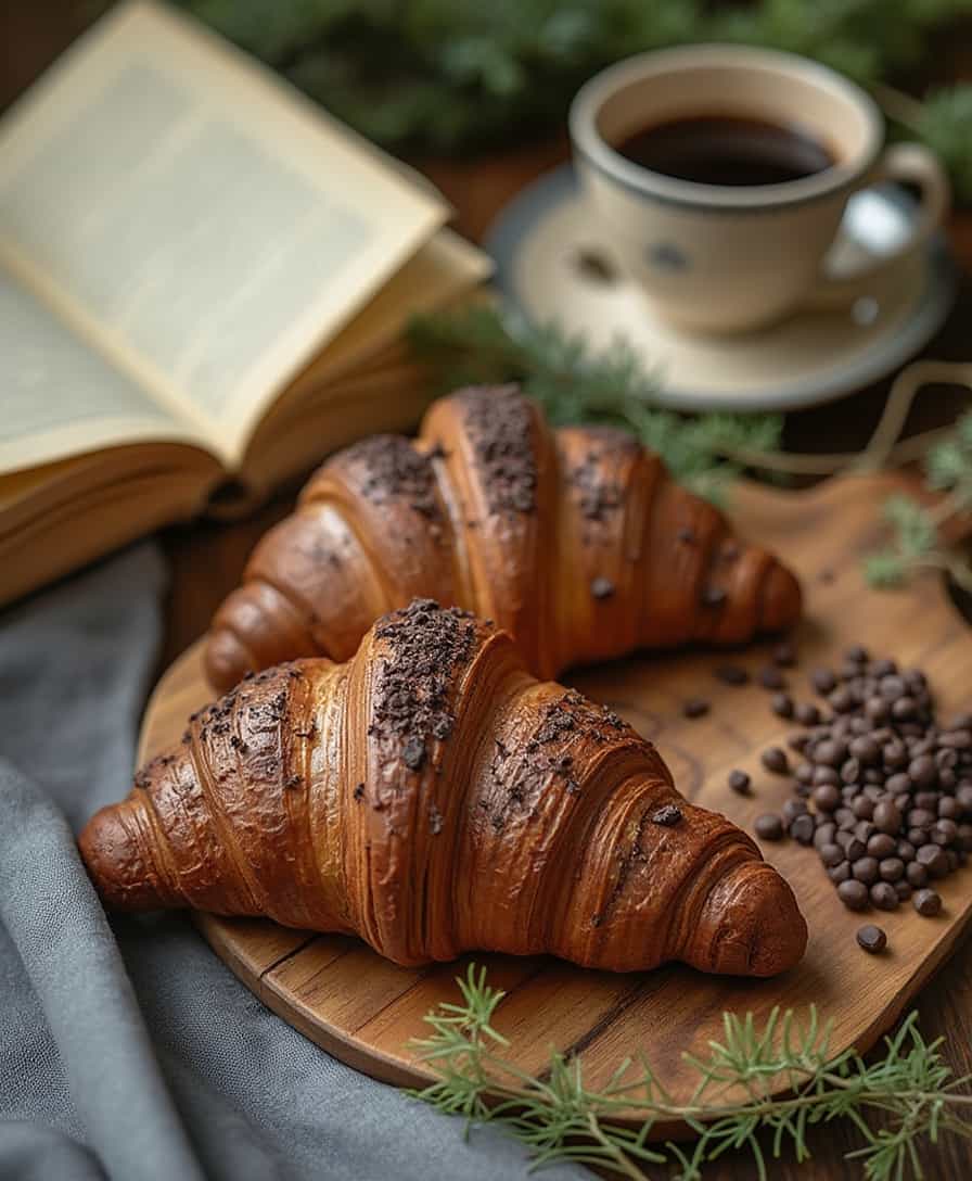 The photo shows two chocolate croissants placed on a wooden board. The croissants are decorated with chocolate shavings on top. Next to the board with the croissants are open and closed books, which creates a cozy atmosphere. In the background, there is a cup of black coffee on a saucer, which adds an element of relaxation and peace to the scene. Additionally, on the table there is a gray fabric and green twigs, which add aesthetics and a natural accent to the composition. The whole creates a very pleasant and relaxing arrangement. Golden streaks of light, in a restaurant in the south of France