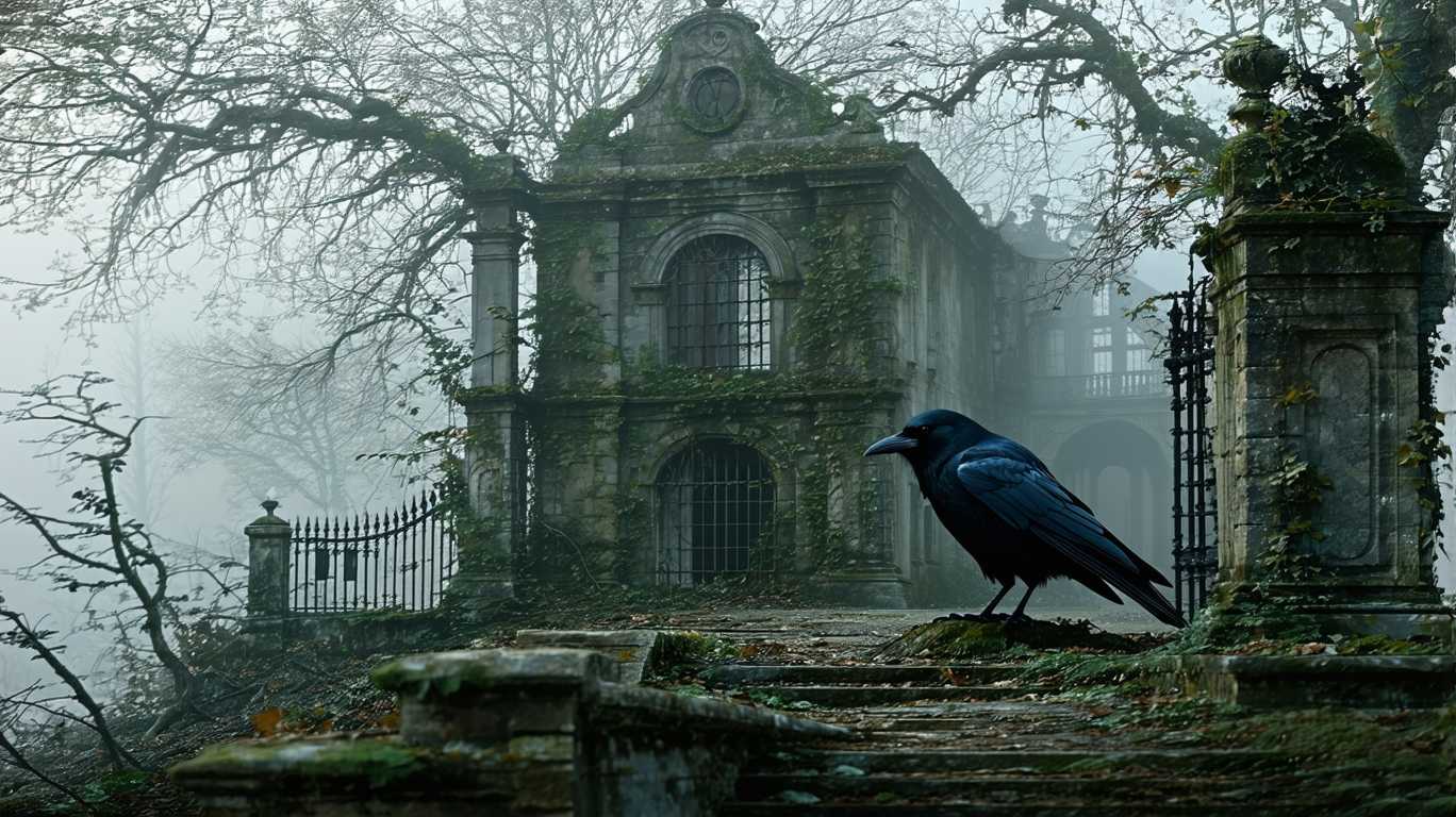 The image conveys a blend of historical charm, abandonment, and gothic mystery, with elements such as the crow, the overgrown foliage, and the foggy ambiance enhancing its haunting yet picturesque quality.