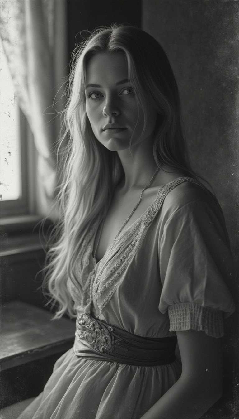 A captivating black-and-white vintage photograph with a distinct grainy texture and gentle contrast, transporting viewers to the early 20th century. The central figure is an elegant woman, showcasing long flowing blonde hair, posed formally against a backdrop of her charming vintage room, adorned with antique furniture. Signs of age are visible, including delicate scratches and faded edges, further enhancing the image's historical allure. Soft, diffused lighting envelops the scene, casting a timeless and nostalgic ambiance that echoes memories of yesteryears.