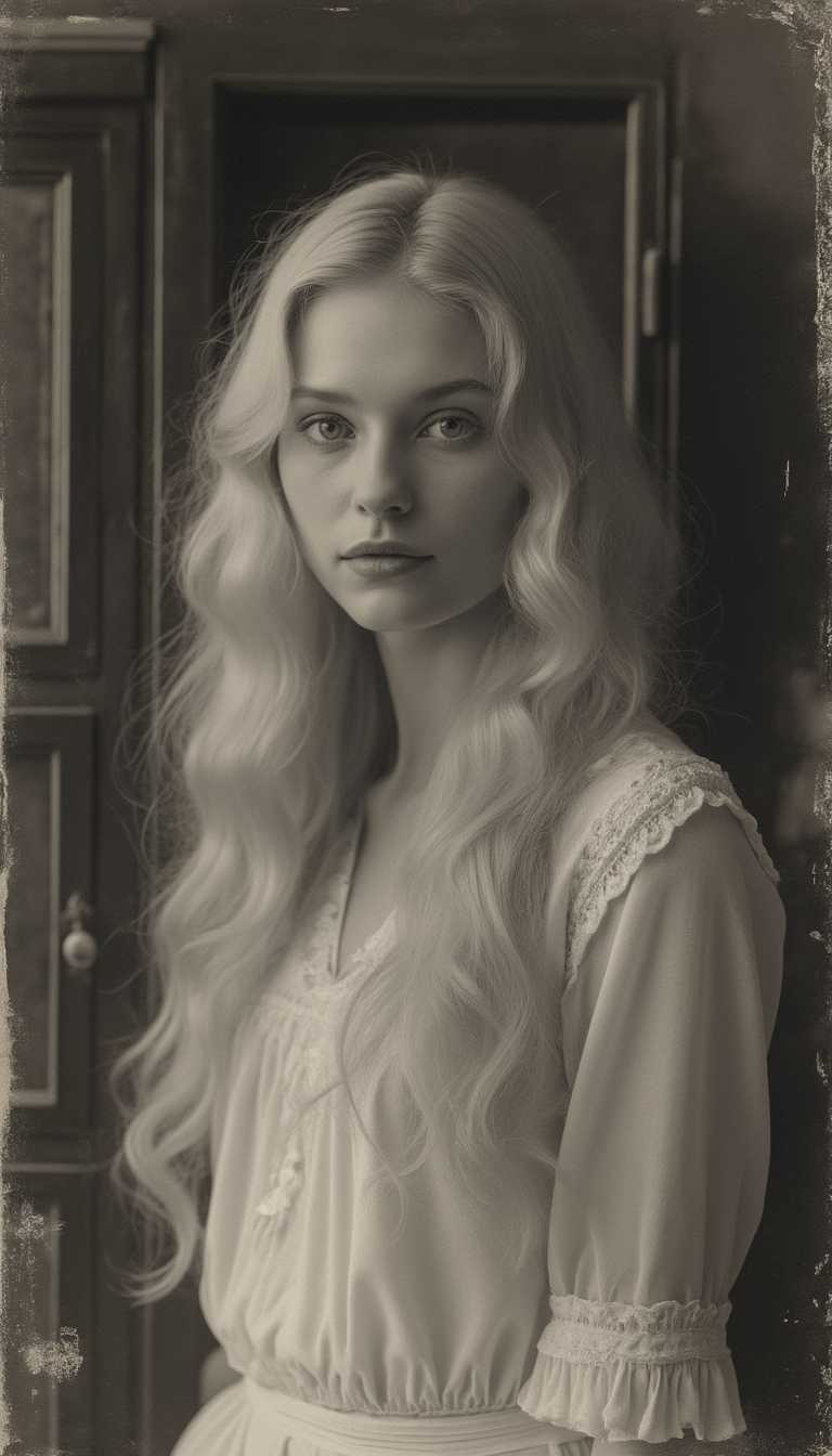 A captivating black-and-white vintage photograph with a distinct grainy texture and gentle contrast, transporting viewers to the early 20th century. The central figure is an elegant woman, showcasing long flowing blonde hair, posed formally against a backdrop of her charming vintage room, adorned with antique furniture. Signs of age are visible, including delicate scratches and faded edges, further enhancing the image's historical allure. Soft, diffused lighting envelops the scene, casting a timeless and nostalgic ambiance that echoes memories of yesteryears.