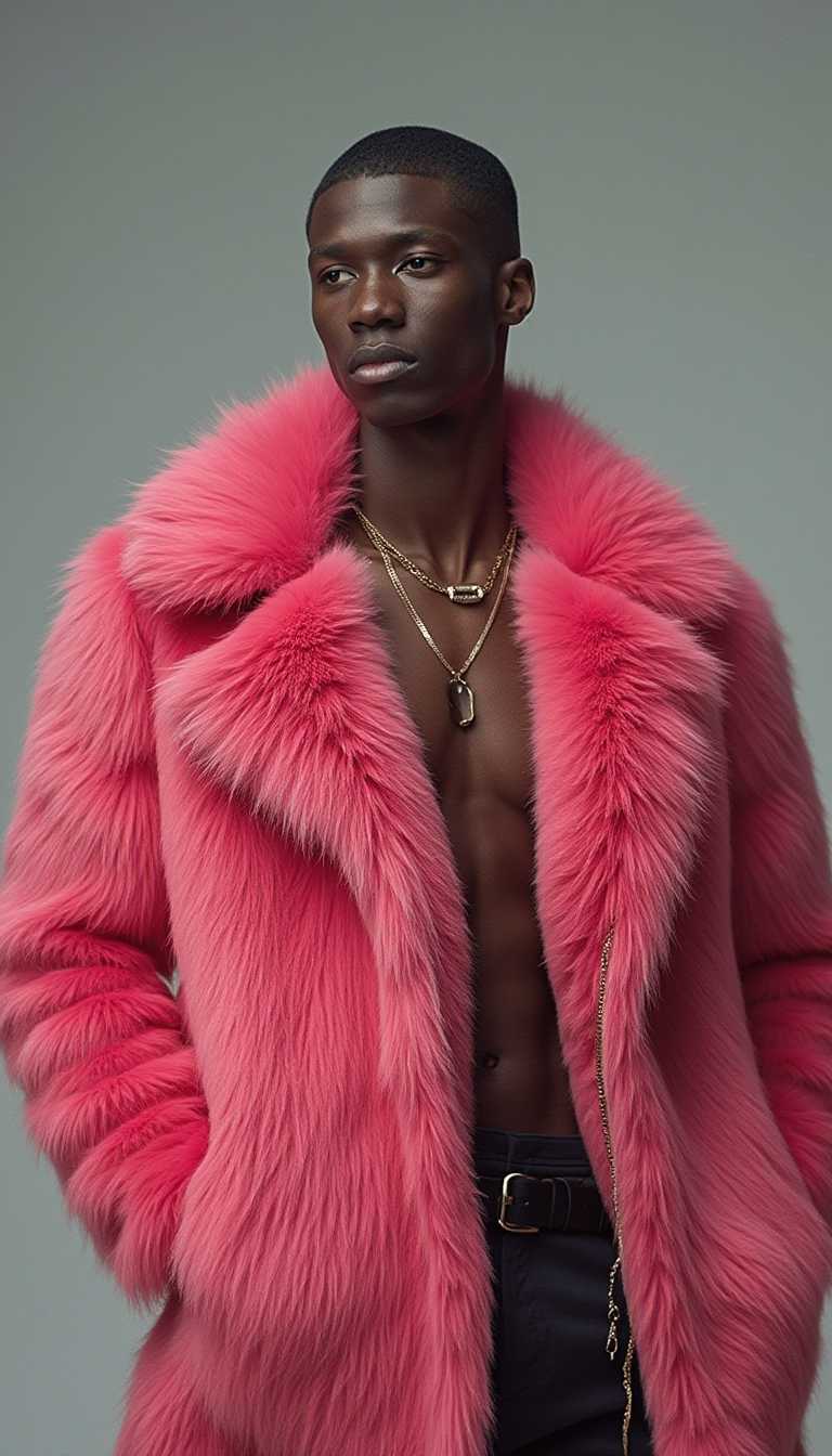 Fashion model shoot, bright lumo pink fox faux fur coat, handsome black male model