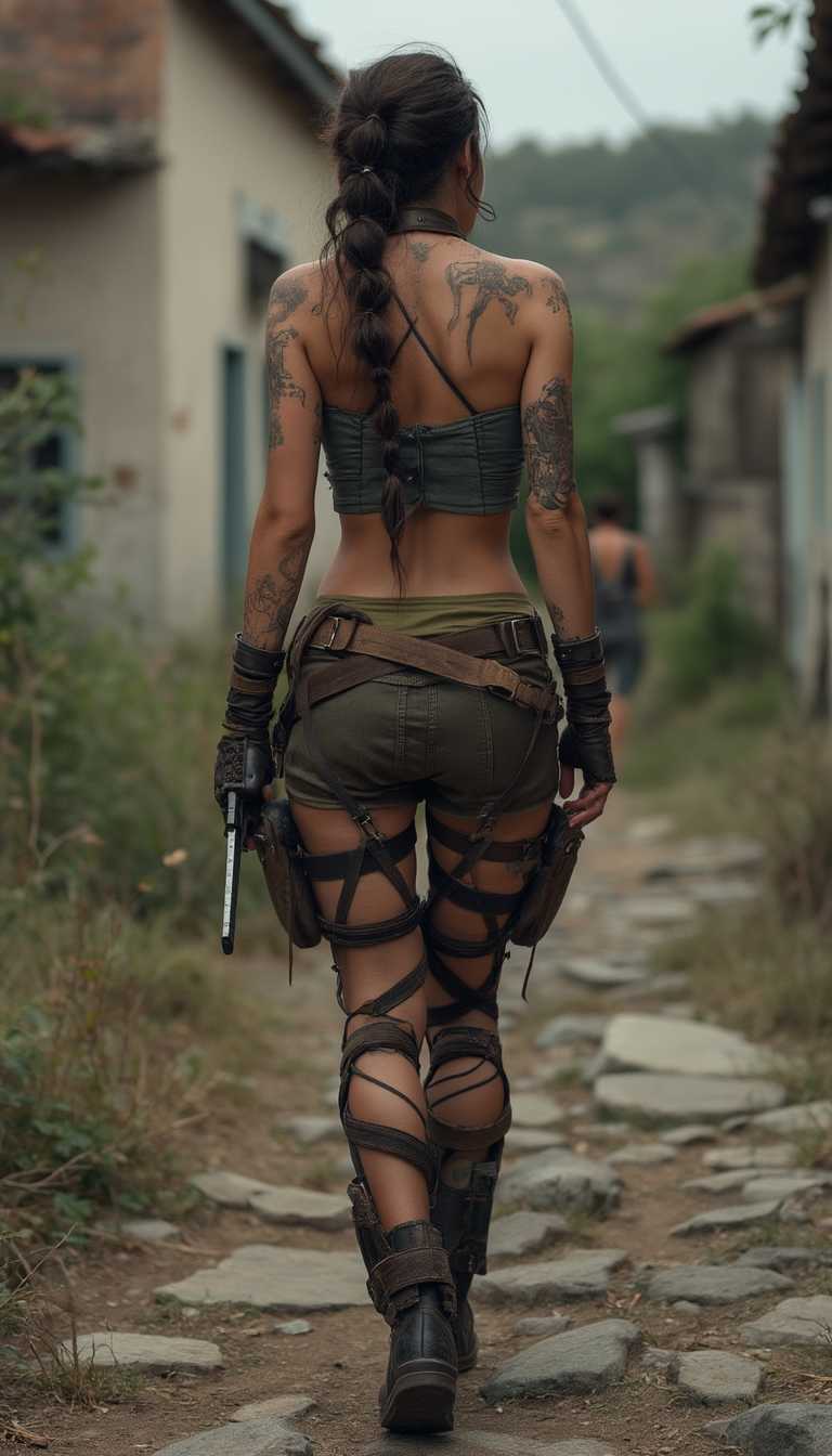 A warrior woman in vintage Lara Croft inspired attire, walking away in an old run down Italian home community. Woman’s back toward camera.