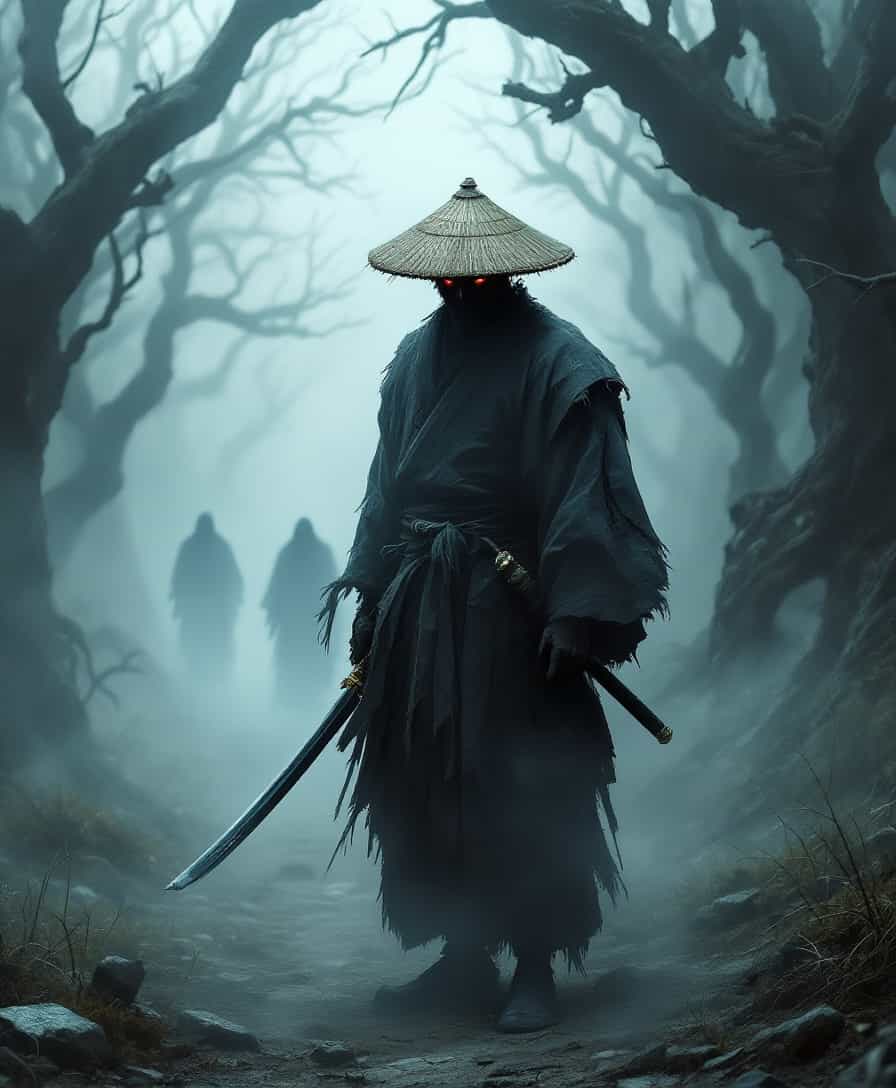 In the foreground, a solitary samurai stands, his silhouette partially obscured by thick, swirling fog that envelops the scene, creating an eerie atmosphere. He wears a tattered, dark kimono, frayed at the edges, with a traditional katana sheathed at his side, its hilt intricately designed with ancient motifs. The samurai's face is partially shadowed by a wide-brimmed straw hat, casting a foreboding shadow over his eyes, which glimmer with a hint of sorrow and determination. The ground is uneven and rugged, dotted with jagged stones and patches of dead grass, while the background is a blurred amalgamation of dark, looming trees and twisted branches that seem to claw at the sky. Wisps of fog curl around the trunks, creating an otherworldly feel, and the faint outlines of ghostly figures can be seen lurking in the distance. The overall color palette is muted, dominated by shades of gray and deep blue, enhancing the chilling mood. Keywords: foggy, horror, lonely, samurai, eerie atmosphere, tattered kimono, katana, ancient motifs, shadowed face, rugged ground, dead grass, dark trees, twisted branches, ghostly figures, muted color palette, gray, deep blue, composition, dramatic perspective, low lighting, high contrast, ethereal quality.