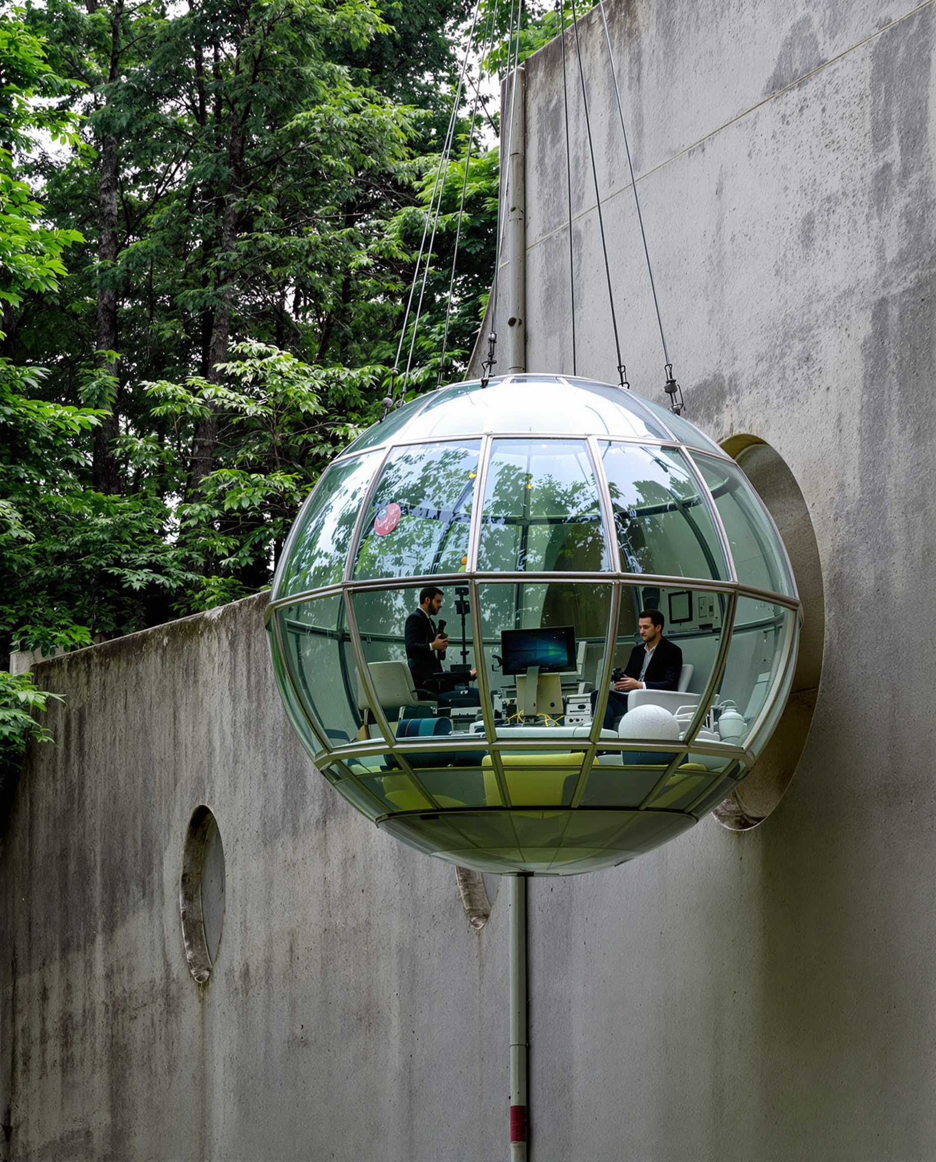 Create an image that shows a large, spherical structure hanging from the side of a concrete wall in a forest. The structure appears made of glass and metal, suspended from the ceiling by cables. Inside the structure, two people are sitting at a desk with a computer and other equipment. The person on the left is wearing a black suit and is holding a camera, while the person in the middle is sitting on a chair. The background is filled with trees and greenery, and the overall mood of the image is eerie and mysterious.