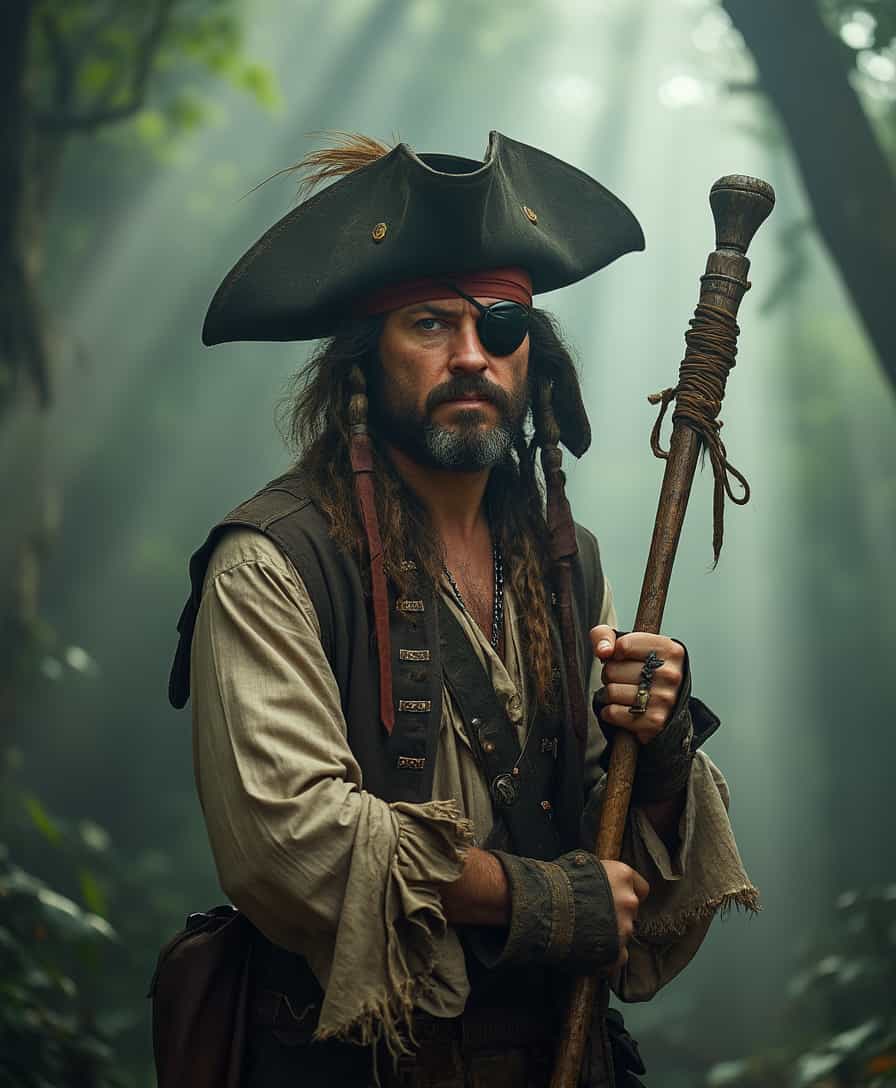 A man dressed as a buccaneer stands confidently, looking directly at the camera. His pirate hat, intriguingly modified with an antenna, complements the eye patch over one eye, adding an eccentric flair to his distinctive look. The rugged attire he wears, made from worn leather and tattered cloth, hints at countless adventures on the high seas. 

Instead of the darkness of a submerged space, the backdrop transforms into a foggy forest, where beams of sunlight pierce through the thick canopy, creating a serene yet foreboding atmosphere. The light highlights the textures of his clothing—rough and weathered—while casting shadows that dance across the forest floor. 

In one hand, he grips an ancient, wooden tool wrapped in cloth and leather, a weapon that speaks to his readiness for both battle and exploration. His intense expression conveys determination and alertness, as if he is prepared for whatever challenges lie ahead in the misty depths of the woods. 

The color palette of the scene is rich with natural earth tones—greens, browns, and grays—enhancing the realism of the moment. The composition captures every detail, from the intricate stitching of his outfit to the resolute lines of his face, emphasizing the character’s prominence against the slightly blurred backdrop of the enigmatic forest.