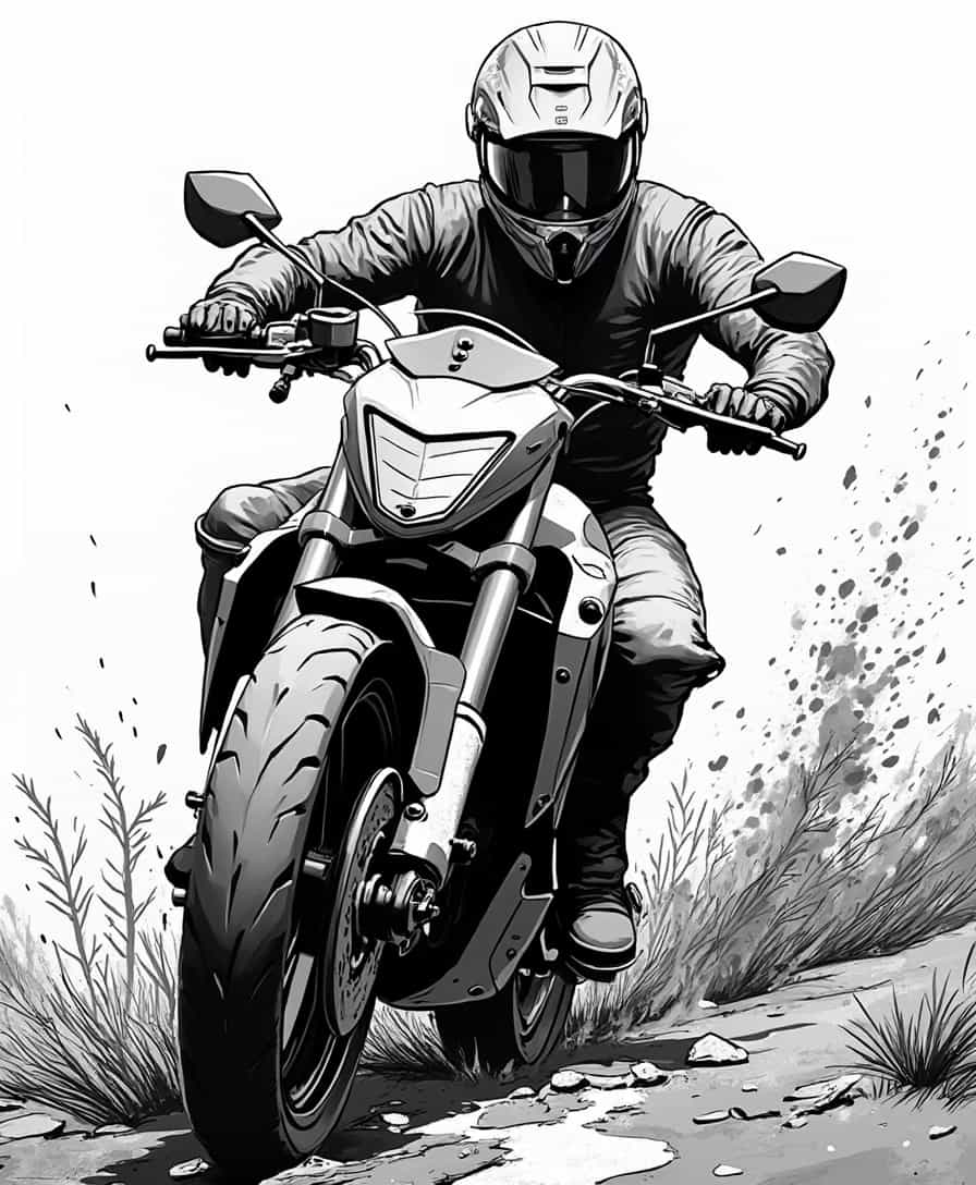 make the motorcycle  ion mud comic book style  Transform the scene into a comic black and white illustration 