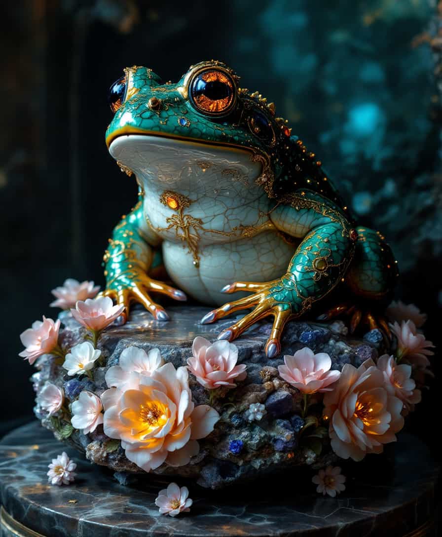 In a dimly lit alcove, a magnificent grosso rospo prezioso, a grand toad sculpted from lustrous marble, sits regally upon a pedestal. Its skin, intricately adorned with shimmering jewels and delicate filigree decorations, glimmers in hues of emerald and sapphire, each gem catching the faintest glint of light. Surrounding the toad, a mosaic of minerals sparkles like a hidden treasure trove, their vibrant colors blending seamlessly with the polished surface of the marble, creating a harmonious symphony of nature's artistry. 

The atmosphere is alive with an ethereal glow, as the toad emits a soft bioluminescent light that dances across the surrounding space, illuminating the intricate patterns of porcelain flowers that encircle its feet. These porcelain blossoms, painted with delicate strokes of gold and silver, seem to sway gently in an unseen breeze, their petals catching the gentle radiance that spills from the toad. 