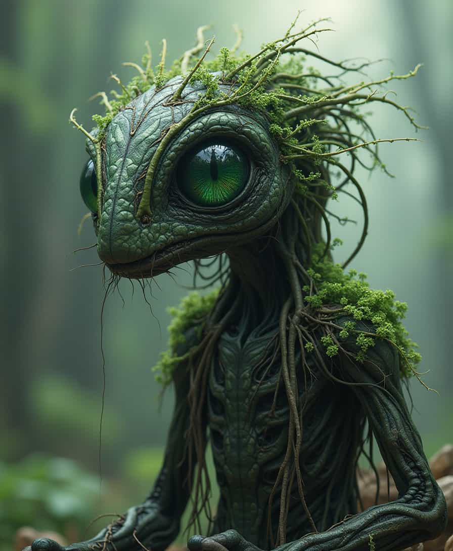 masterpiece, best quality, highly detailed, fantasy creature, dark, spindly, large green eyes, made of vines and roots, detailed artwork, professional illustration, trending on artstation, 8k uhd