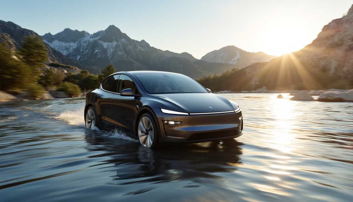 T3SLAMDLYJNP3R, A refreshed Tesla Model Y Juniper car driving through deep water