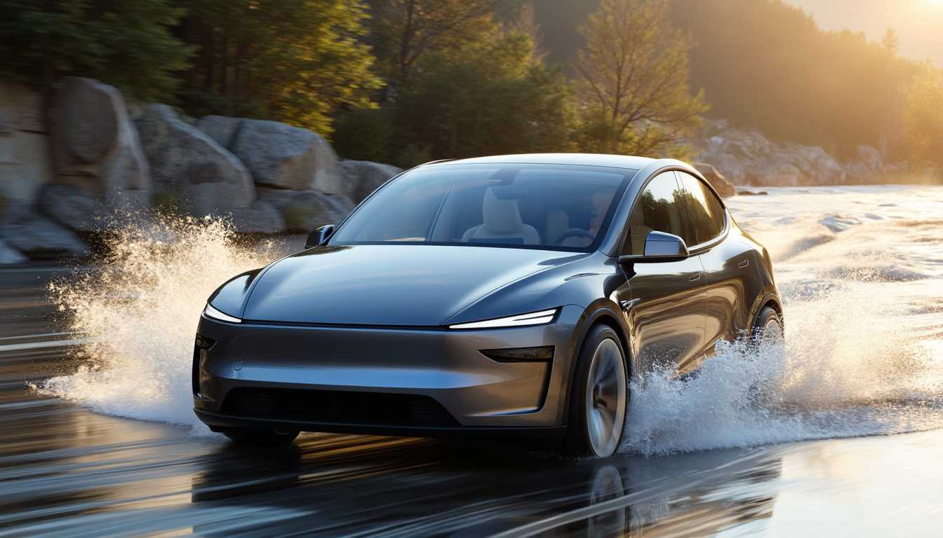 T3SLAMDLYJNP3R, A refreshed Tesla Model Y Juniper car driving through deep water