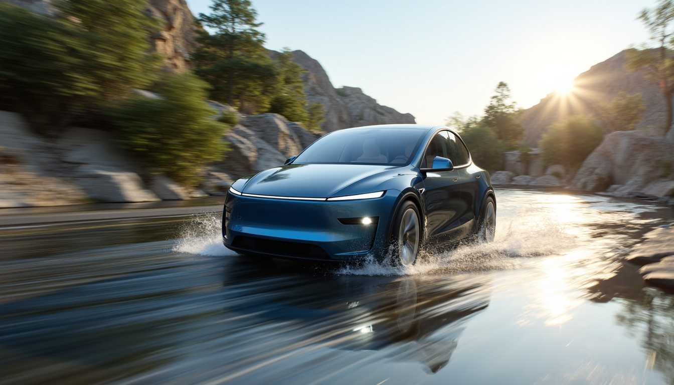 T3SLAMDLYJNP3R, A refreshed Tesla Model Y Juniper car driving through deep water
