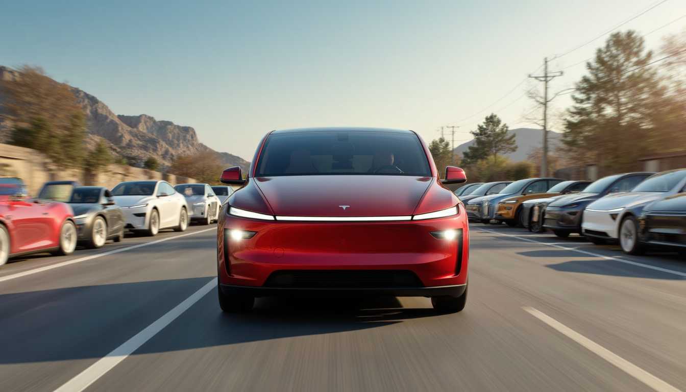 T3SLAMDLYJNP3R, A Tesla Model Y Juniper driving through a sea of broken down cars