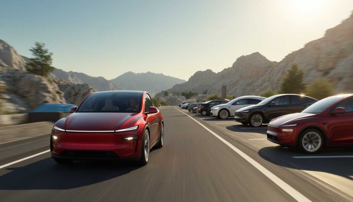 T3SLAMDLYJNP3R, A Tesla Model Y Juniper driving through a sea of broken down cars