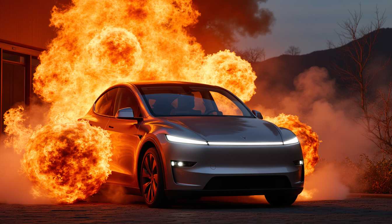 T3SLAMDLYJNP3R, A Tesla Model Y Juniper bursting through a flaming poster of the old Tesla Model Y
