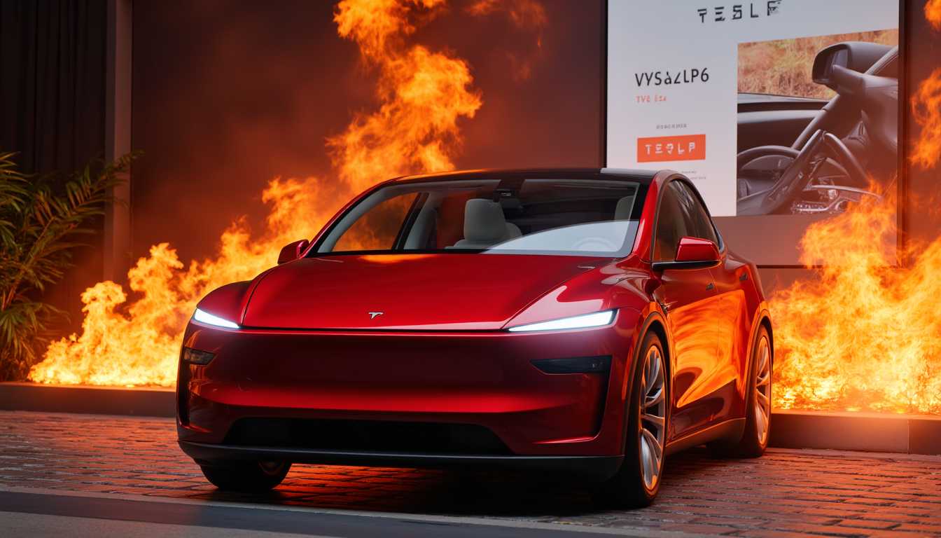 T3SLAMDLYJNP3R, A Tesla Model Y Juniper bursting through a flaming poster of the old Tesla Model Y