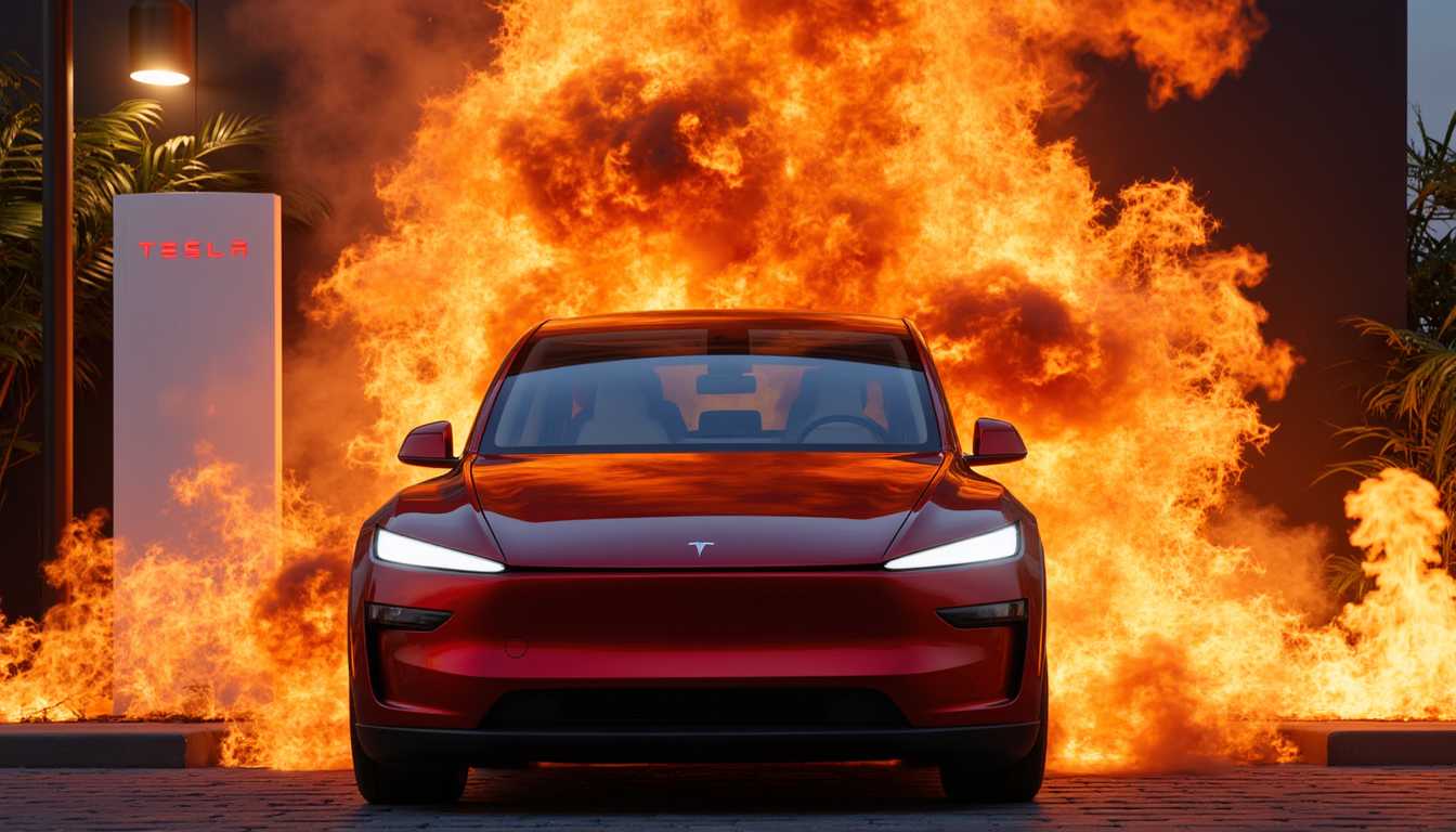 T3SLAMDLYJNP3R, A Tesla Model Y Juniper bursting through a flaming poster of the old Tesla Model Y