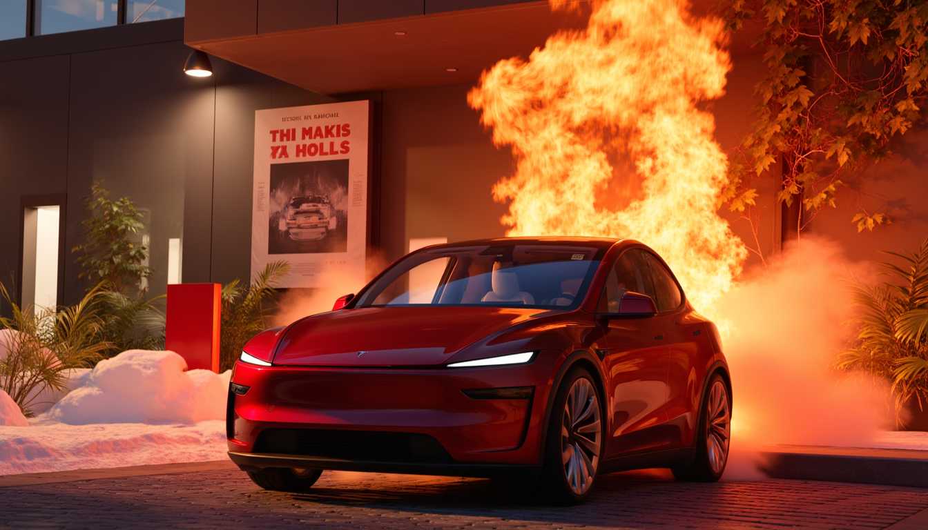 T3SLAMDLYJNP3R, A Tesla Model Y Juniper bursting through a flaming poster of the old Tesla Model Y