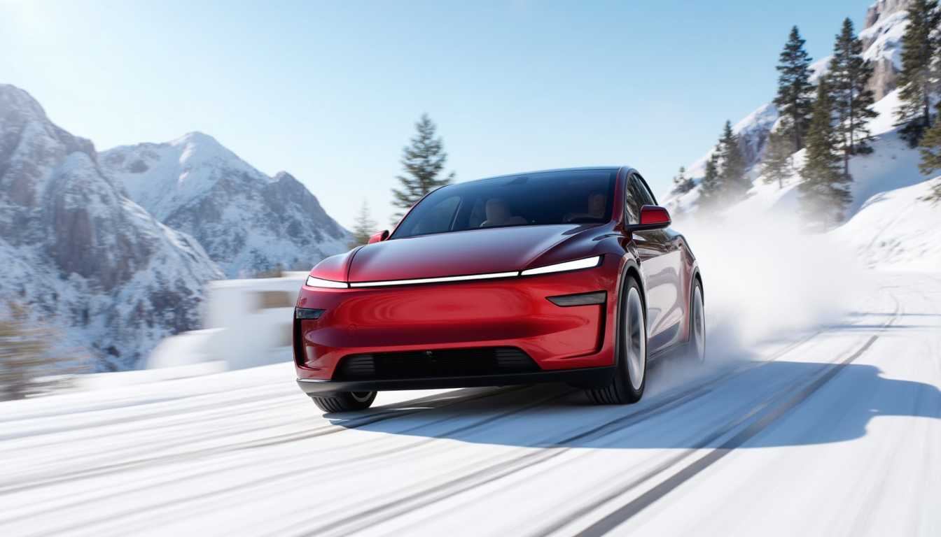 A photo of a T3SLAMDLYJNP3R, A Tesla Model Y Juniper bursting driving down a ski slope
