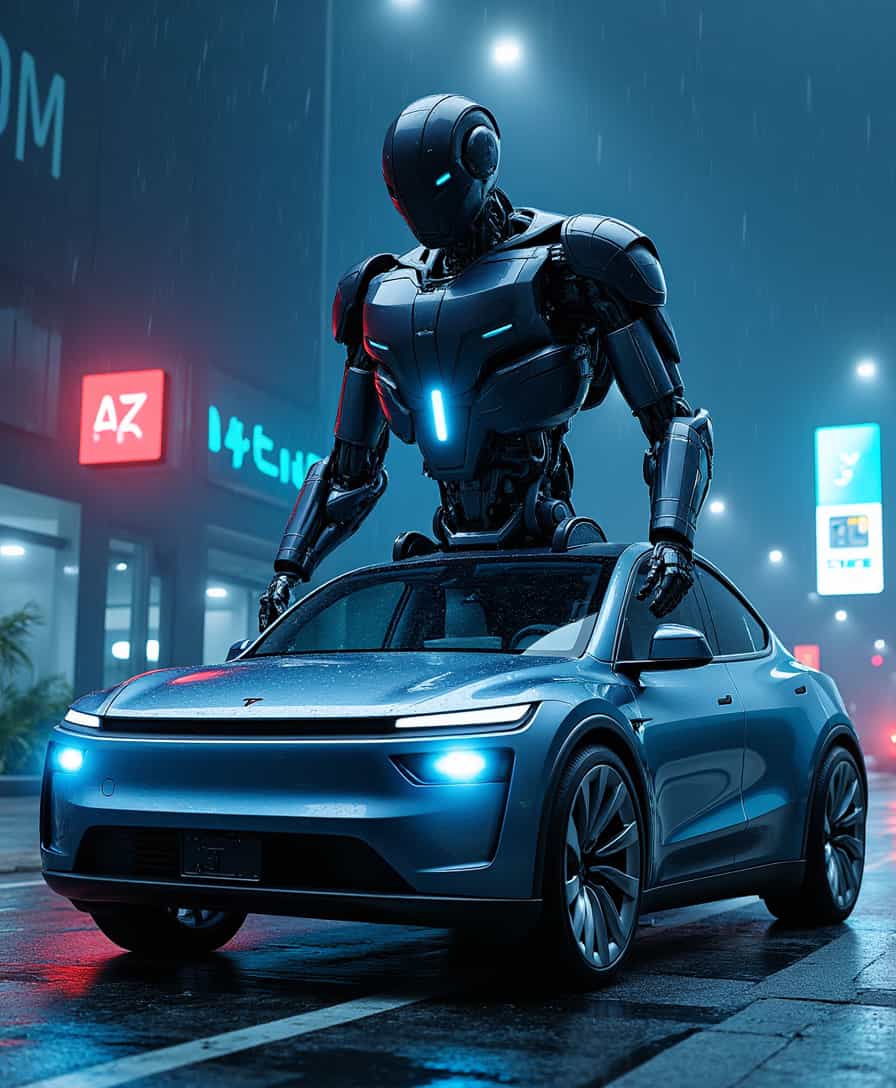 **Visualize a high-tech, dystopian future where a T3SLAMDLYJNP3R car undergoes a dynamic transformation into a humanoid robot:**

- **Subject**: A sleek, futuristic T3SLAMDLYJNP3R car with angular, aerodynamic design, vibrant neon blue and black coloring, and glowing LED accents.
  
- **Transformation**: The car's **front end morphs into the robot's chest**, with headlights becoming glowing eyes, the grille transforming into an armored chest plate, and the hood folding back to reveal the robot's face. The **wheels retract into the robot's legs**, with tires becoming armored shin guards. The **sides of the car fold inward** to form the arms, with side mirrors morphing into shoulder pads.

- **Visual Details**: 
  - **Texture**: The robot's body has a mix of smooth, reflective surfaces and textured, industrial metal plates, suggesting high-tech functionality.
  - **Lighting**: Neon blue lighting illuminates the transformation, highlighting the mechanical parts and creating dramatic shadows.
  - **Intricate Details**: Gears, pistons, and hydraulics are visible during the transformation, showcasing the complexity of the mechanism.

- **Style**: The scene is captured in a **cyberpunk style**, with a focus on futuristic technology, high contrast lighting, and a blend of organic and mechanical forms.

- **Composition**: 
  - **Angle**: Low angle shot to emphasize the transformation's grandeur and the robot's imposing presence.
  - **Framing**: The robot is framed against a backdrop of a neon-lit cityscape, with the transformation occurring in the foreground for dramatic effect.

- **Mood and Atmosphere**: 
  - **Ambiance**: The atmosphere is charged with energy, with the air crackling from the transformation. The mood is one of awe, power, and mystery.
  - **Time**: Nighttime, with the city's lights reflecting off the robot's metallic surfaces.
  - **Weather**: Light rain, creating reflections and adding to the cyberpunk aesthetic.

- **Technical Aspects**: 
  - **Photography**: Use of motion blur to capture the speed of transformation, shallow depth of field to focus on the robot, and lens flares from the neon lights.
  - **Art Terms**: Employ chiaroscuro to enhance the dramatic lighting effects, and use of negative space to emphasize the robot's silhouette against the cityscape.

**Ensure all elements combine to present a seamless, believable scene of a T3SLAMDLYJ