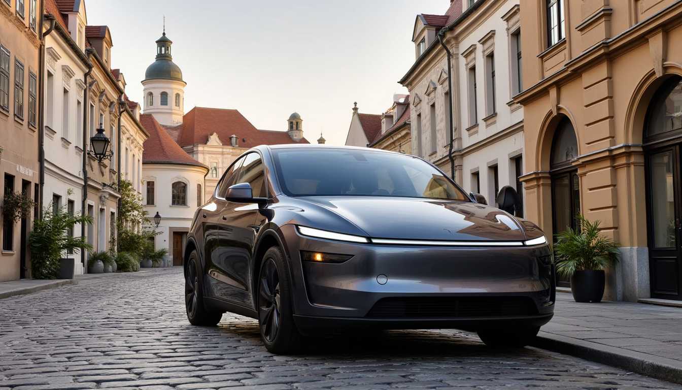 T3SLAMDLYJNP3R, parked on a cobblestone street for a photo shoot. The back drop is Prague