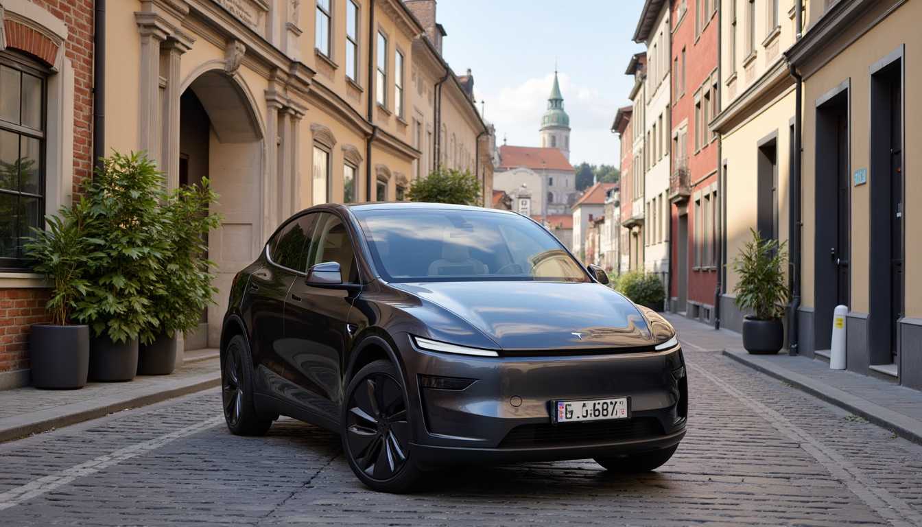 T3SLAMDLYJNP3R, parked on a cobblestone street for a photo shoot. The back drop is Prague