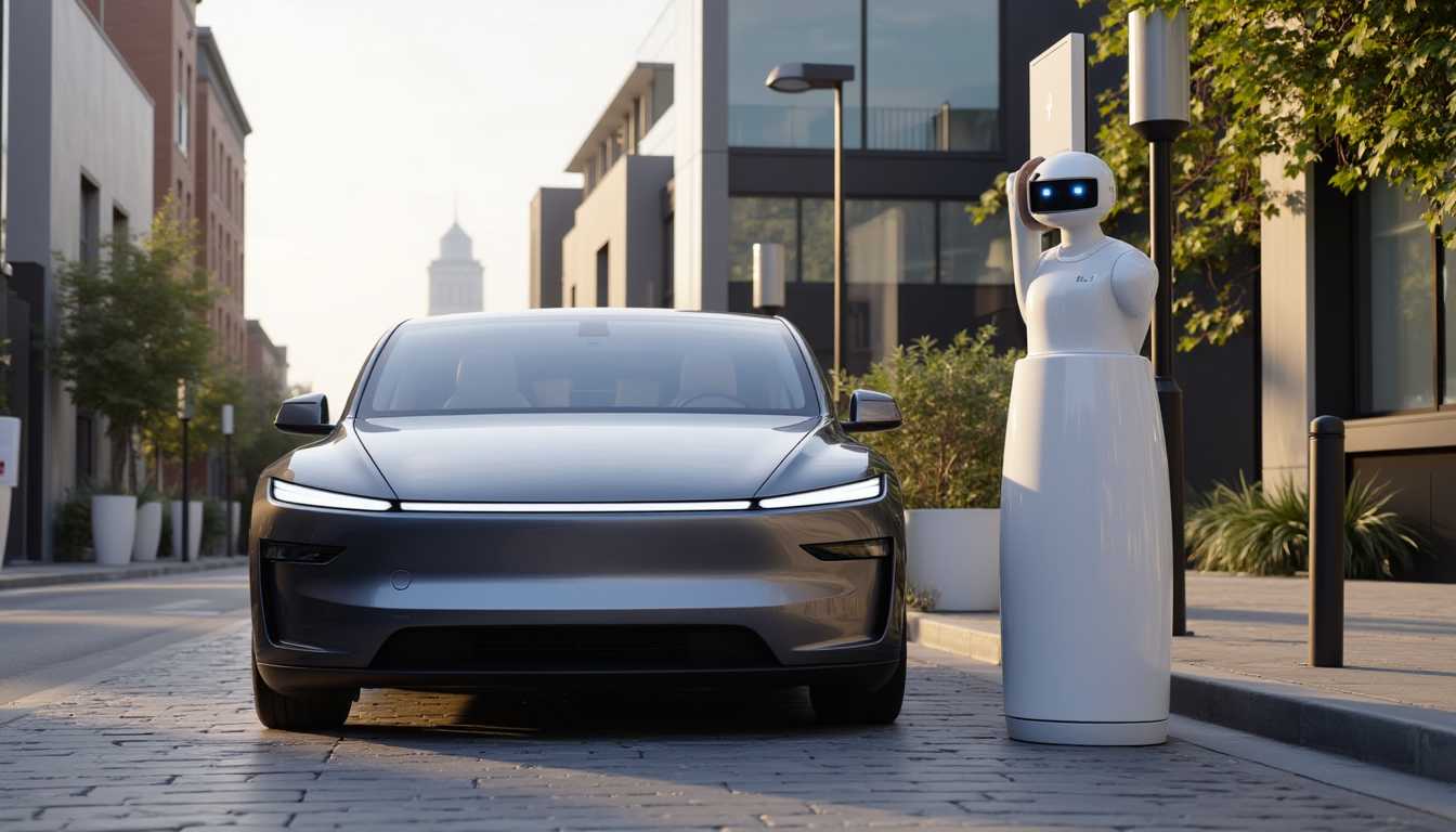 T3SLAMDLYJNP3R parked on a city street with a Tesla Optimus humanoid robot standing next to it